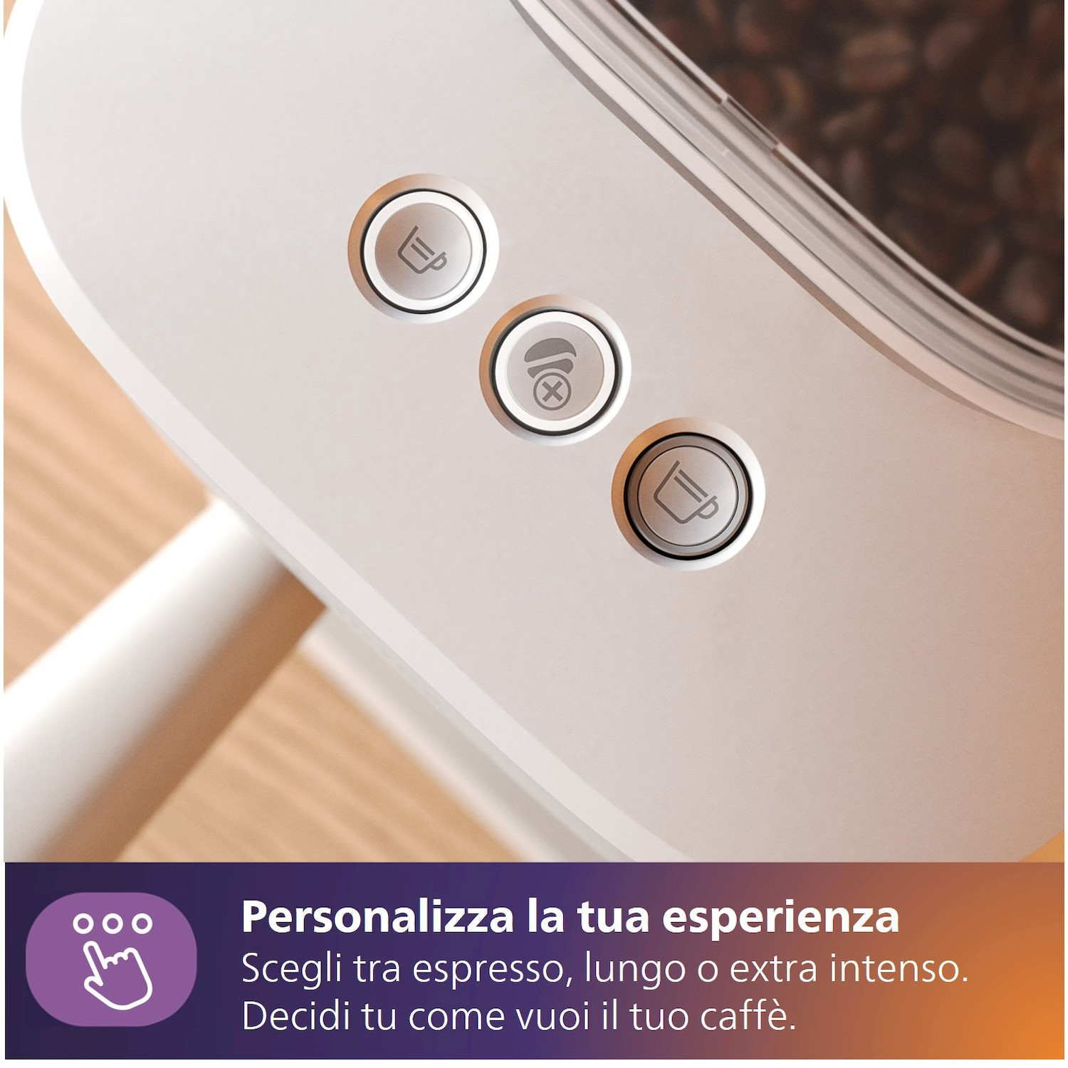 Macchina del caffè con pulsanti per espresso, lungo o extra intenso.