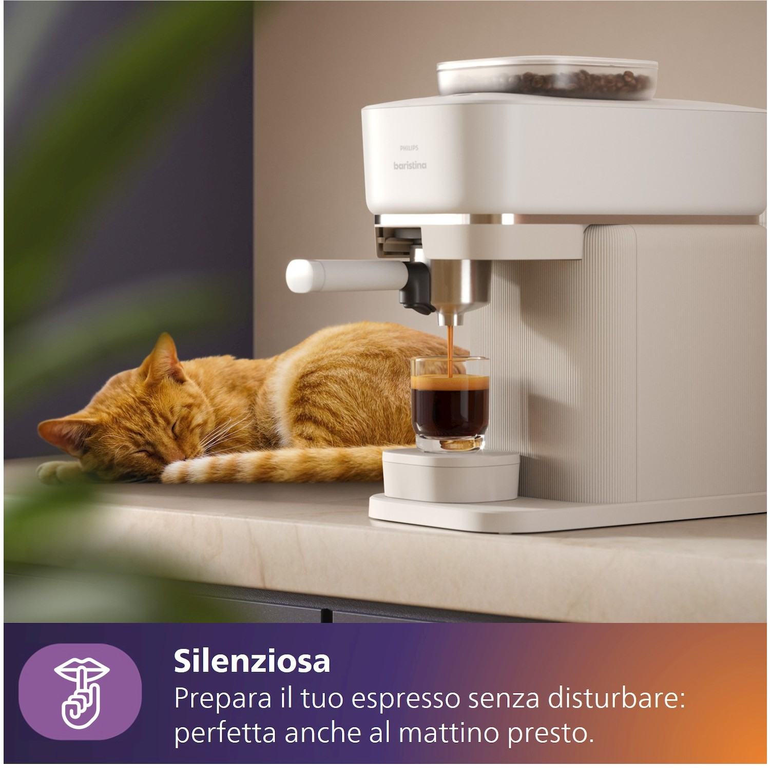 Un gatto arancione dorme vicino a una macchina da caffè che prepara espresso.
