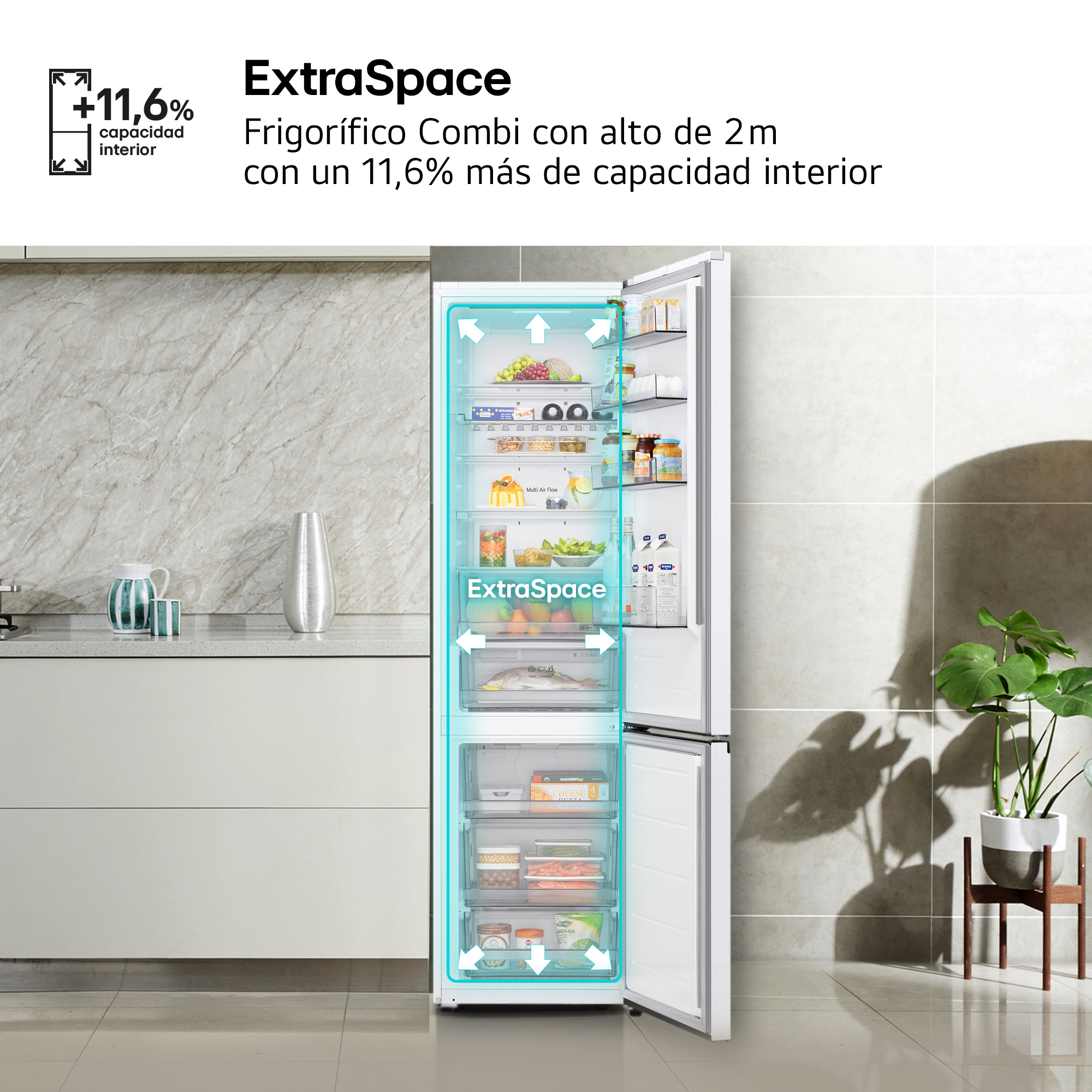 ExtraSpace. Frigorífico Combi con alto de 2m con un 11,6% más de capacidad interior