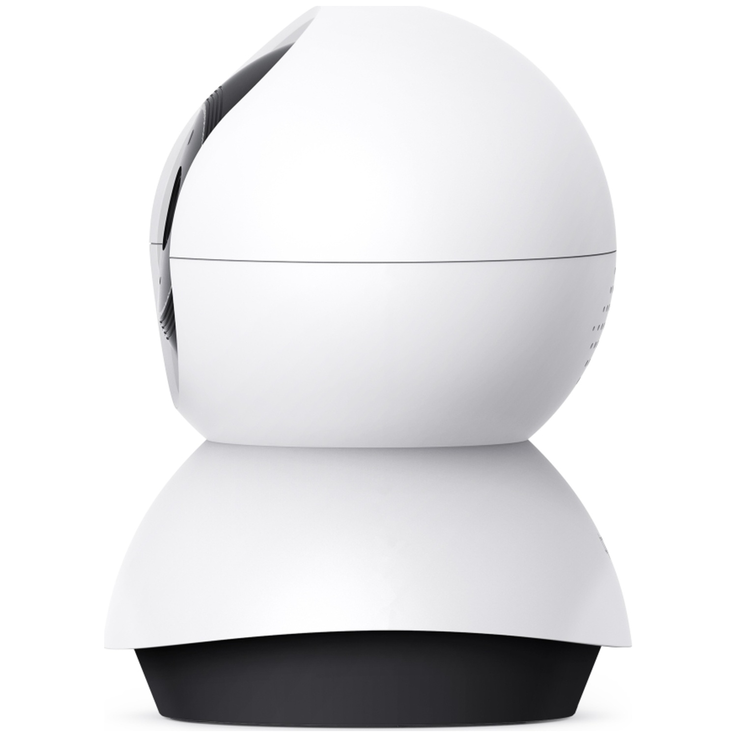 White security camera with a black base, side view.
