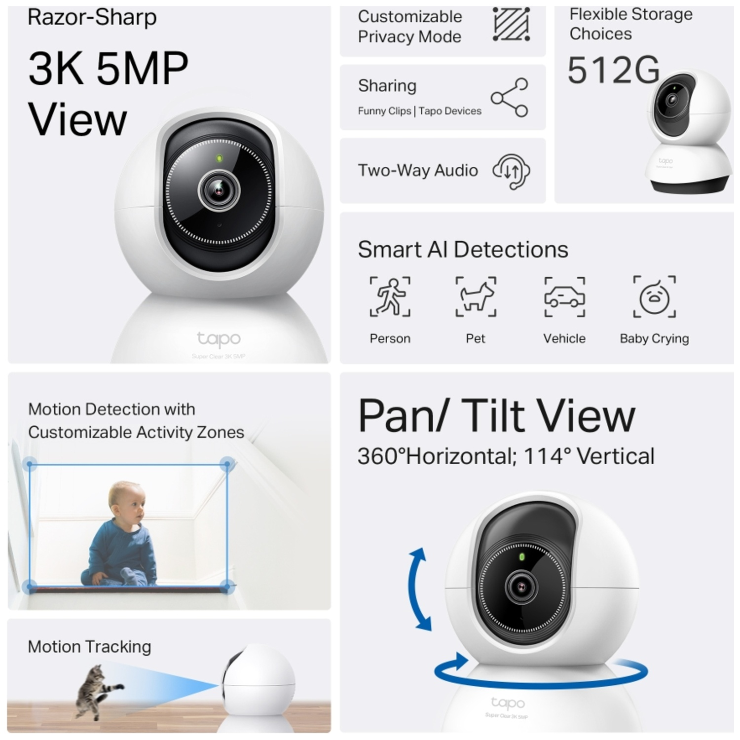 Tapo camera with 3K 5MP resolution, storage options, AI detection.