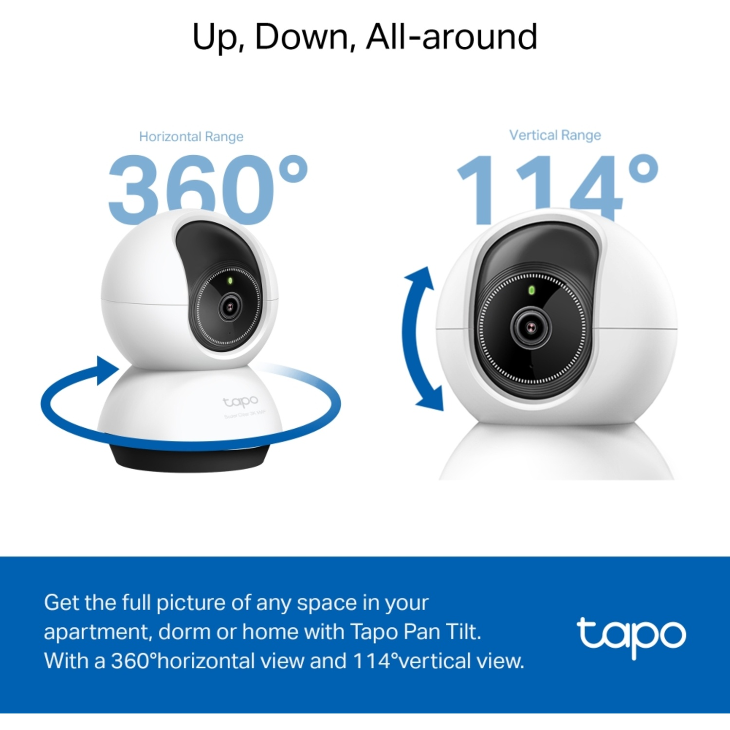 Tapo security camera with 360° horizontal and 114° vertical range.
