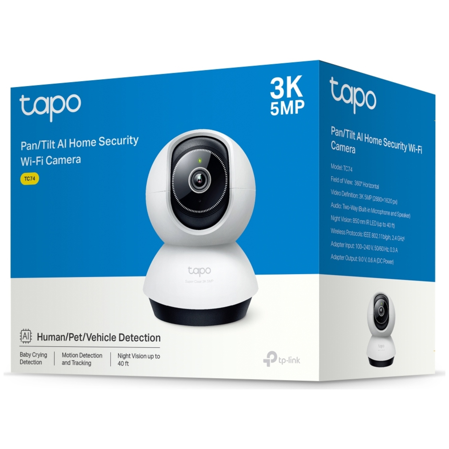 Tapo 3K 5MP Pan/Tilt AI Home Security Wi-Fi Camera on its packaging.