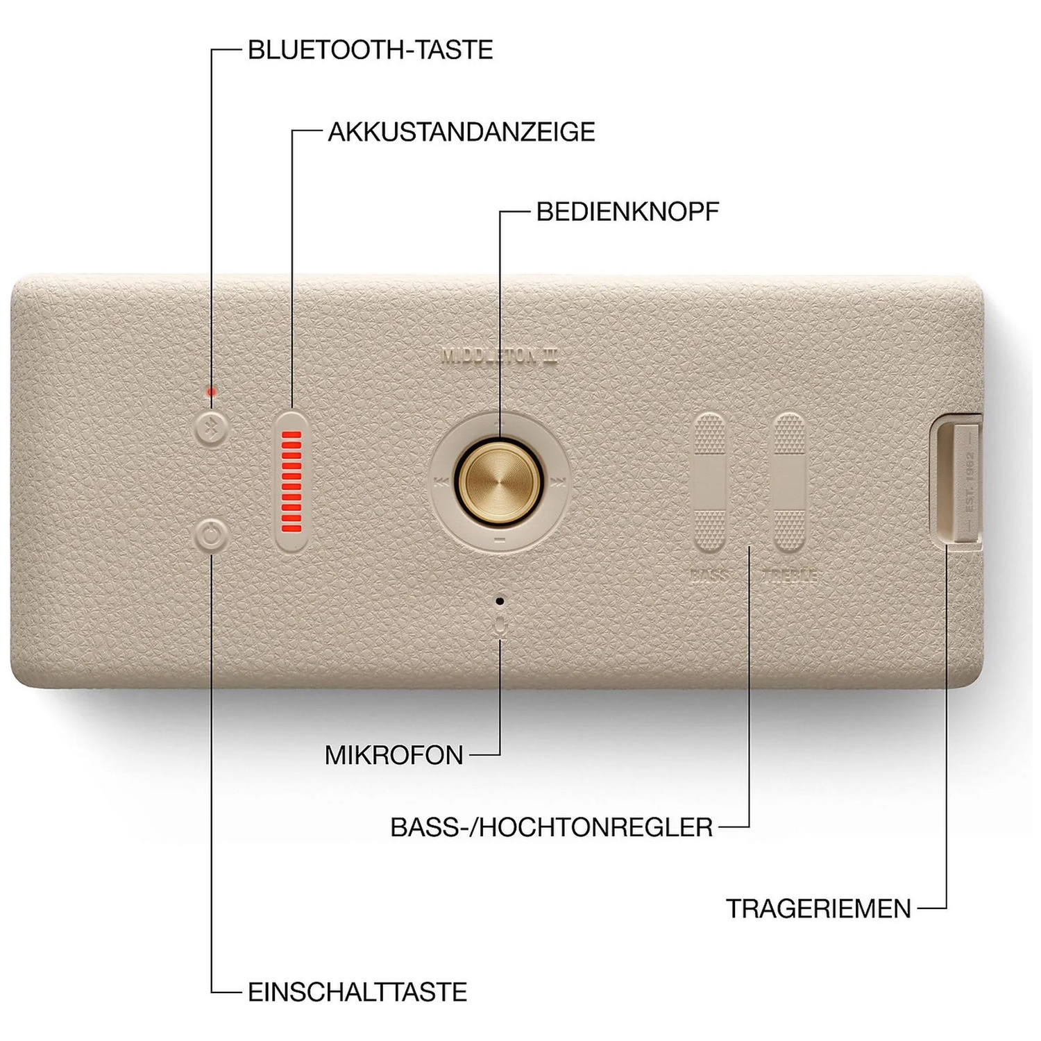 Beige luidspreker met bedieningselementen: Bluetooth, batterij-indicator.