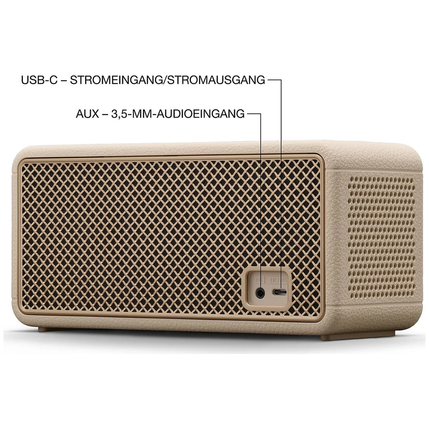 Beige luidspreker met AUX en USB-C poorten aan de achterkant.