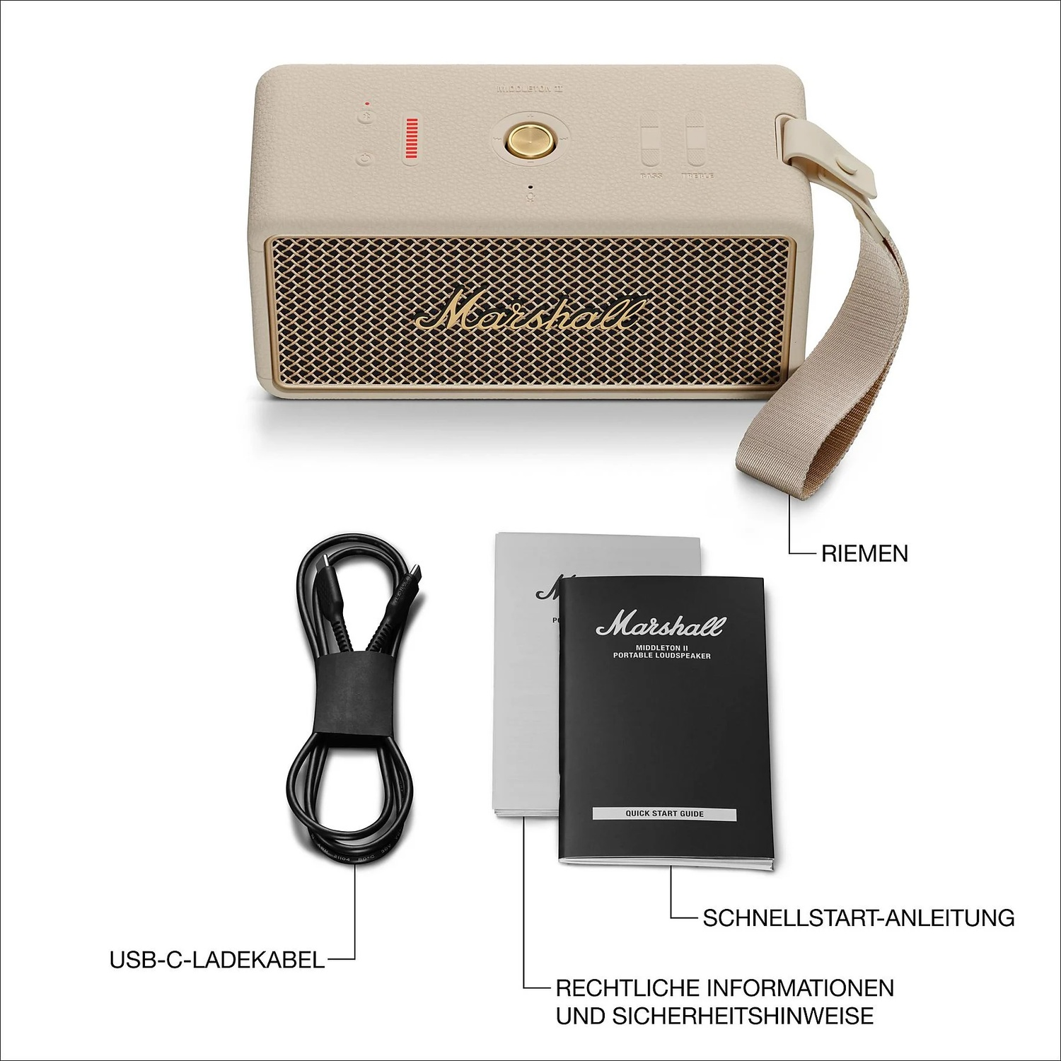 Een Marshall Bluetooth speaker met accessoires: kabel, riem en handleidingen.