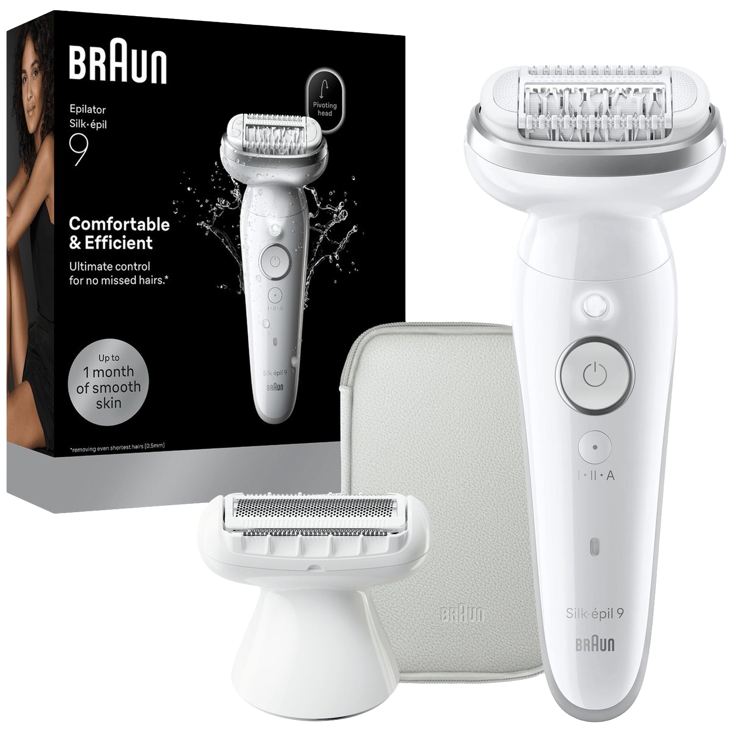 Witte Braun Silk-pil 9 epileerapparaat met accessoires op zwarte achtergrond.