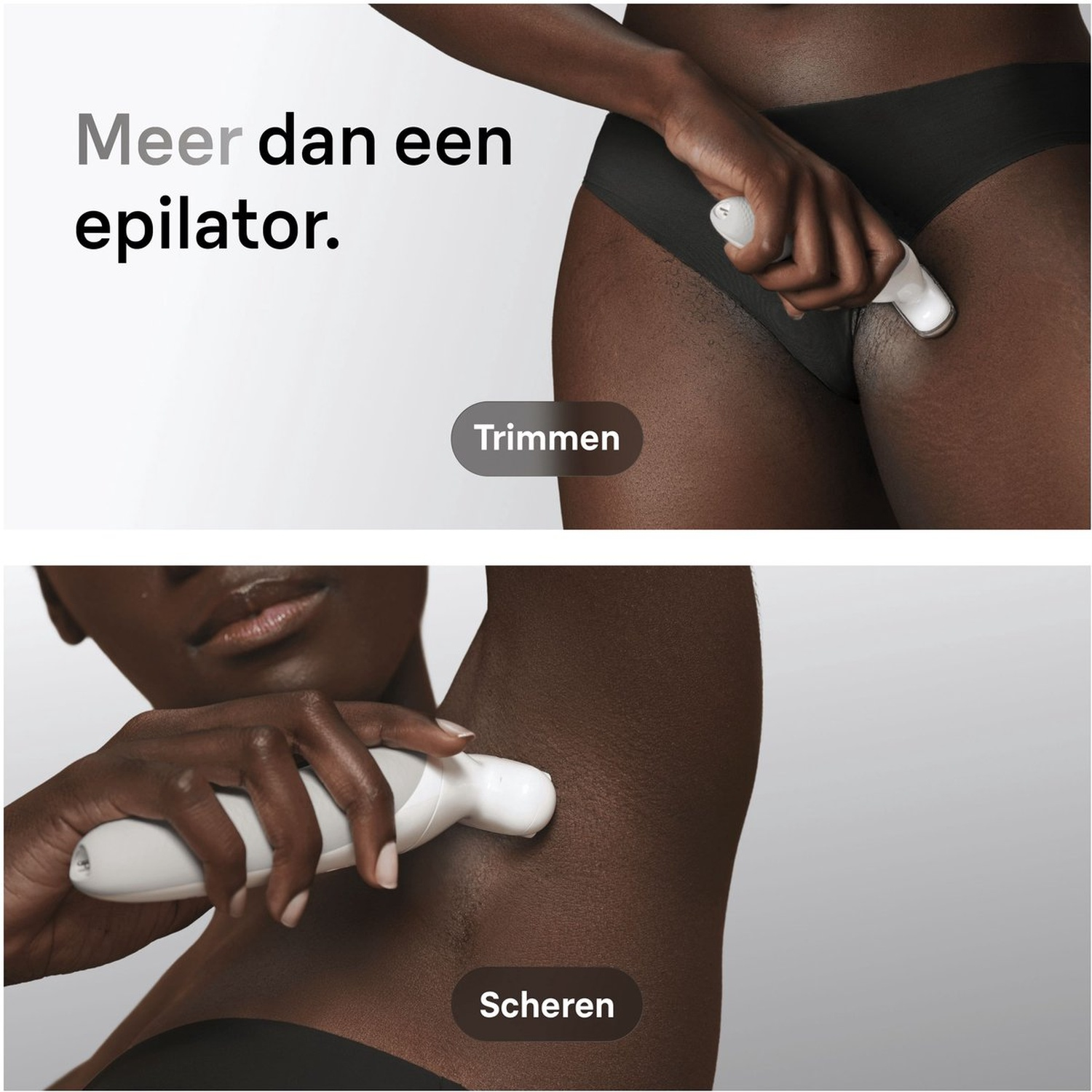 Vrouw trimt en scheert met epileerapparaat.