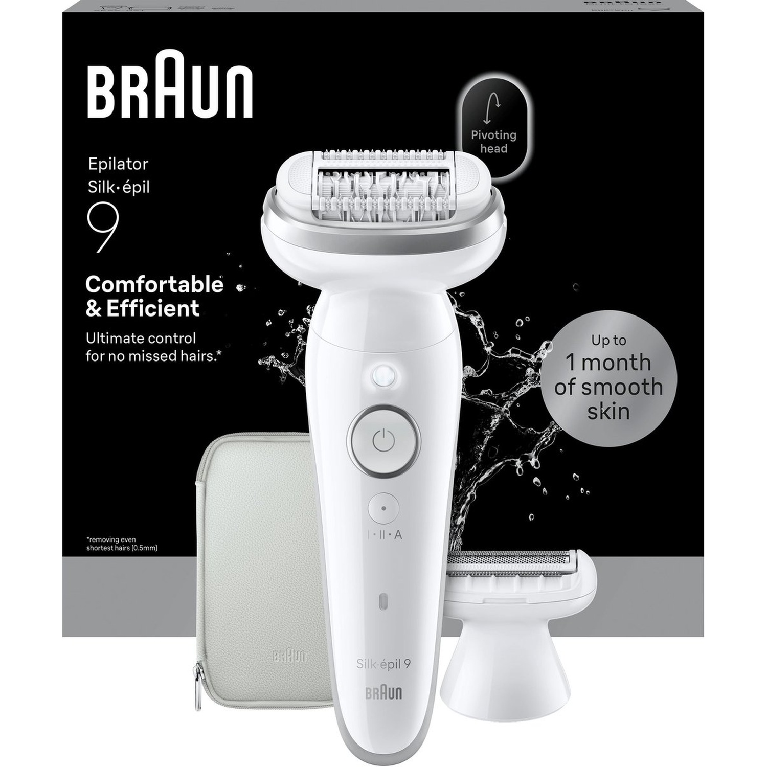 Een witte Braun Silk-épil 9 epilator met accessoires en productinformatie.