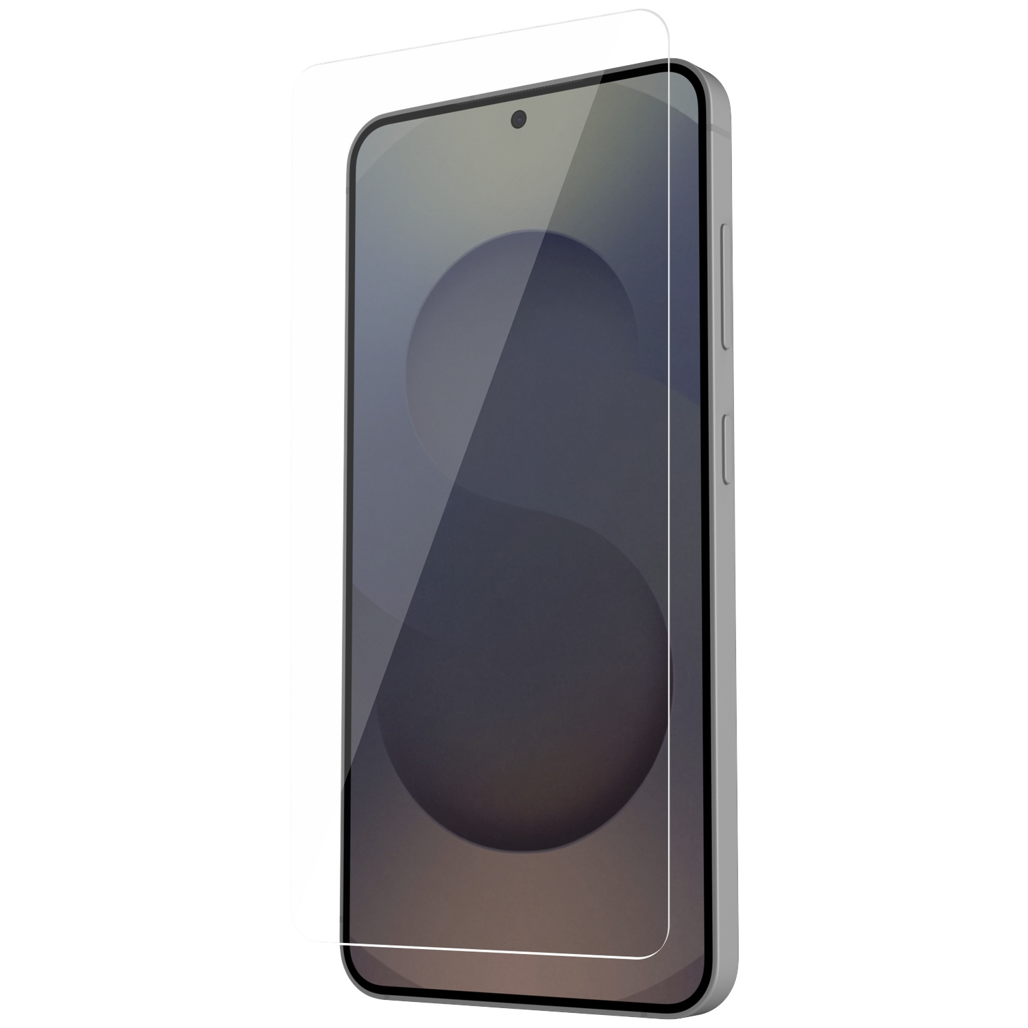A silver smartphone with a glass screen protector laid on top of the screen.