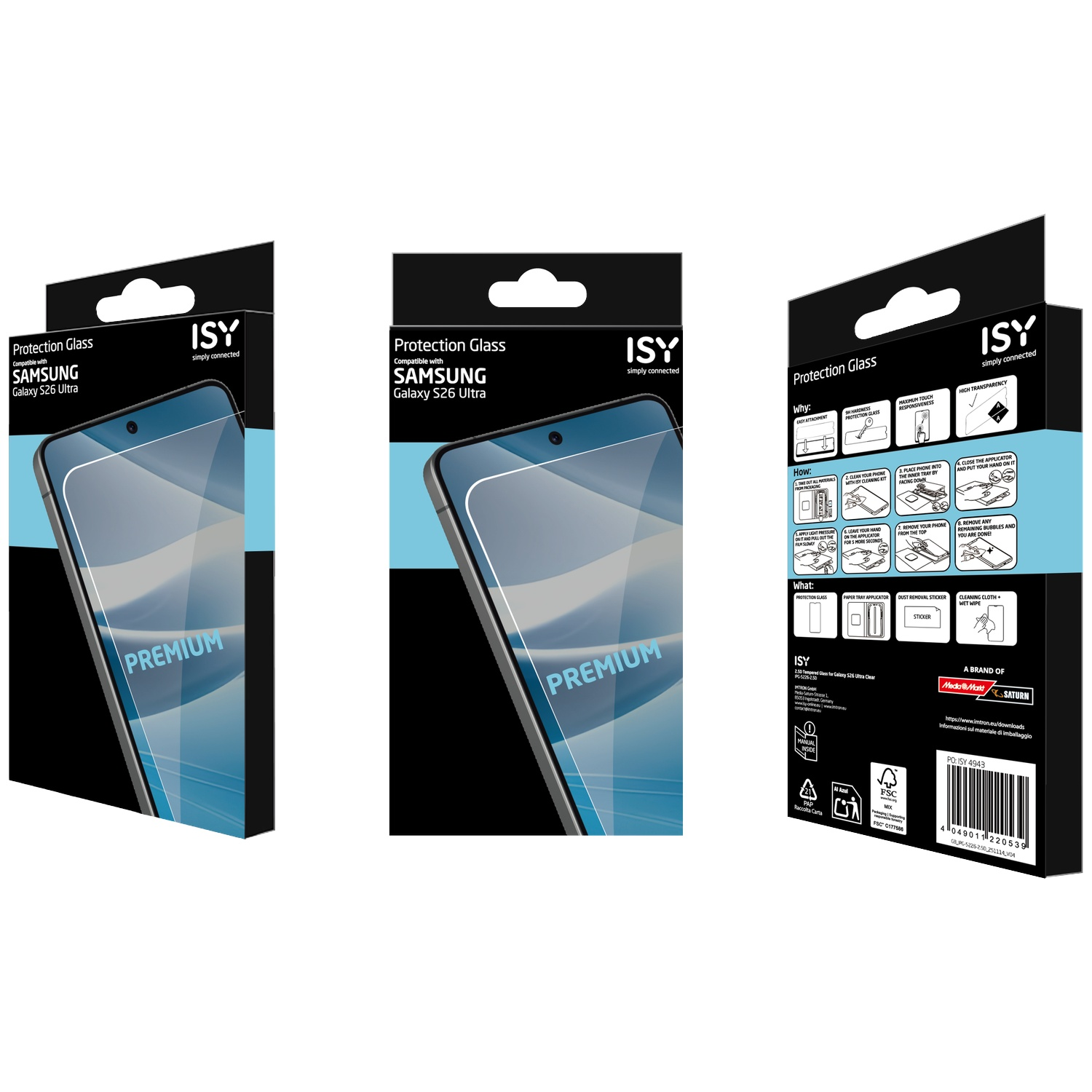 ISY Protection Glass for Samsung Galaxy S26 Ultra, packaging with instructions.