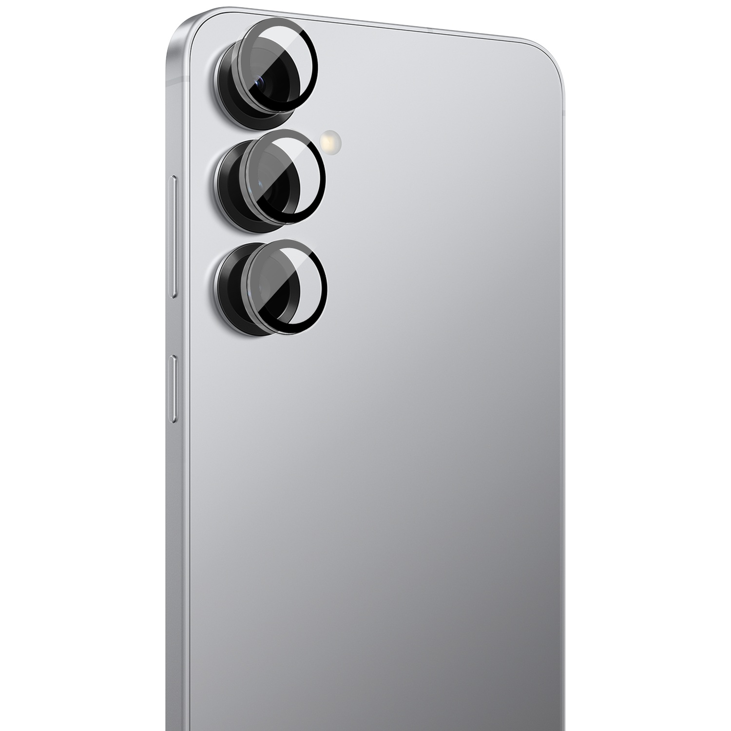 Silver smartphone with three camera lenses and flash.