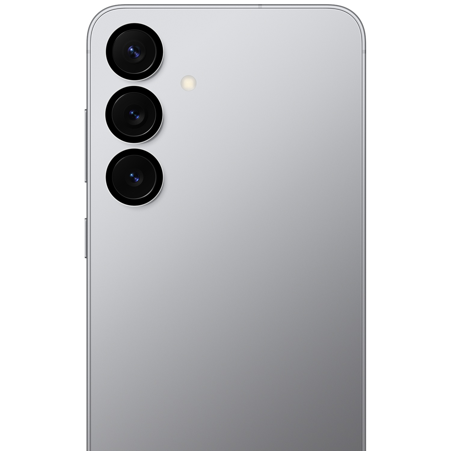 Rear view of a silver smartphone with three vertical camera lenses and a flash.