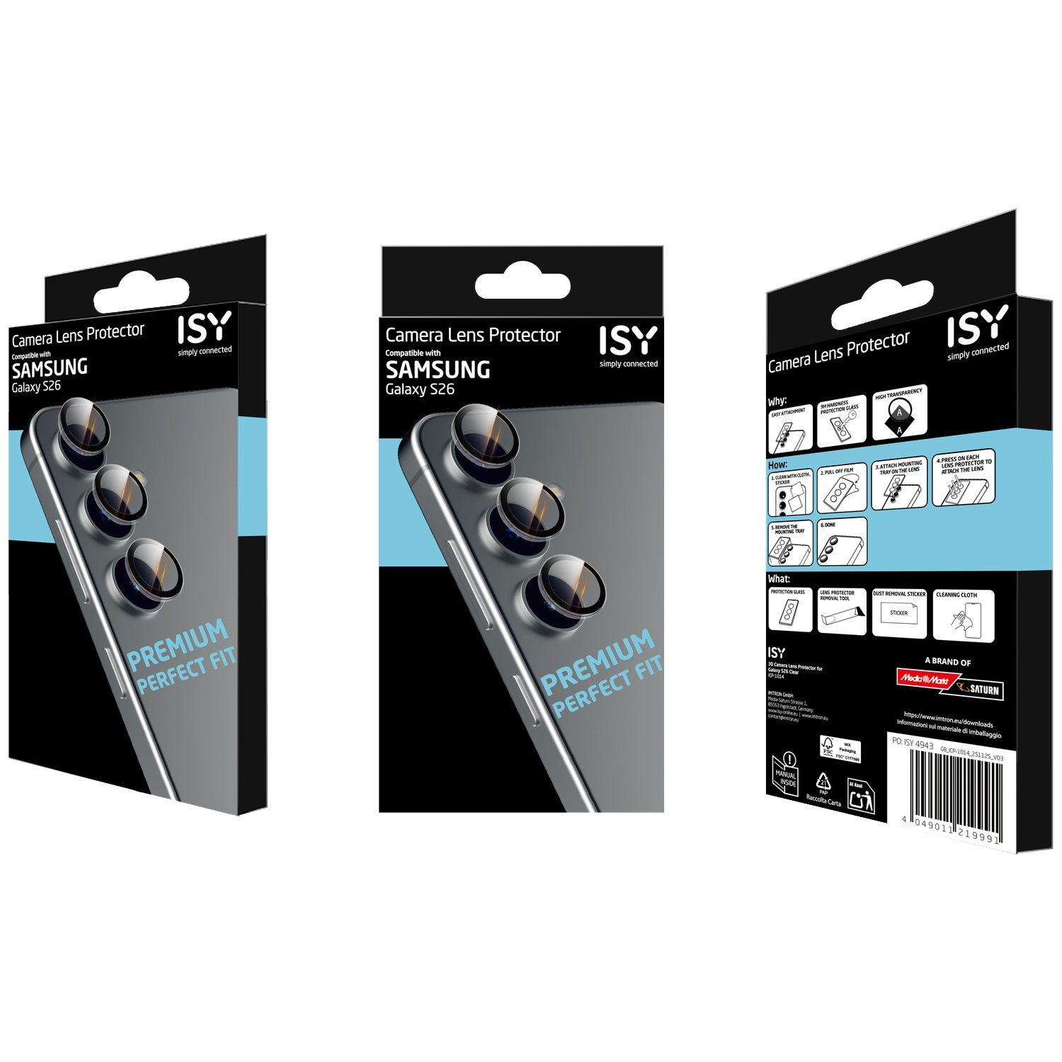 Packaging for Samsung Galaxy S26 camera lens protector with instructions.