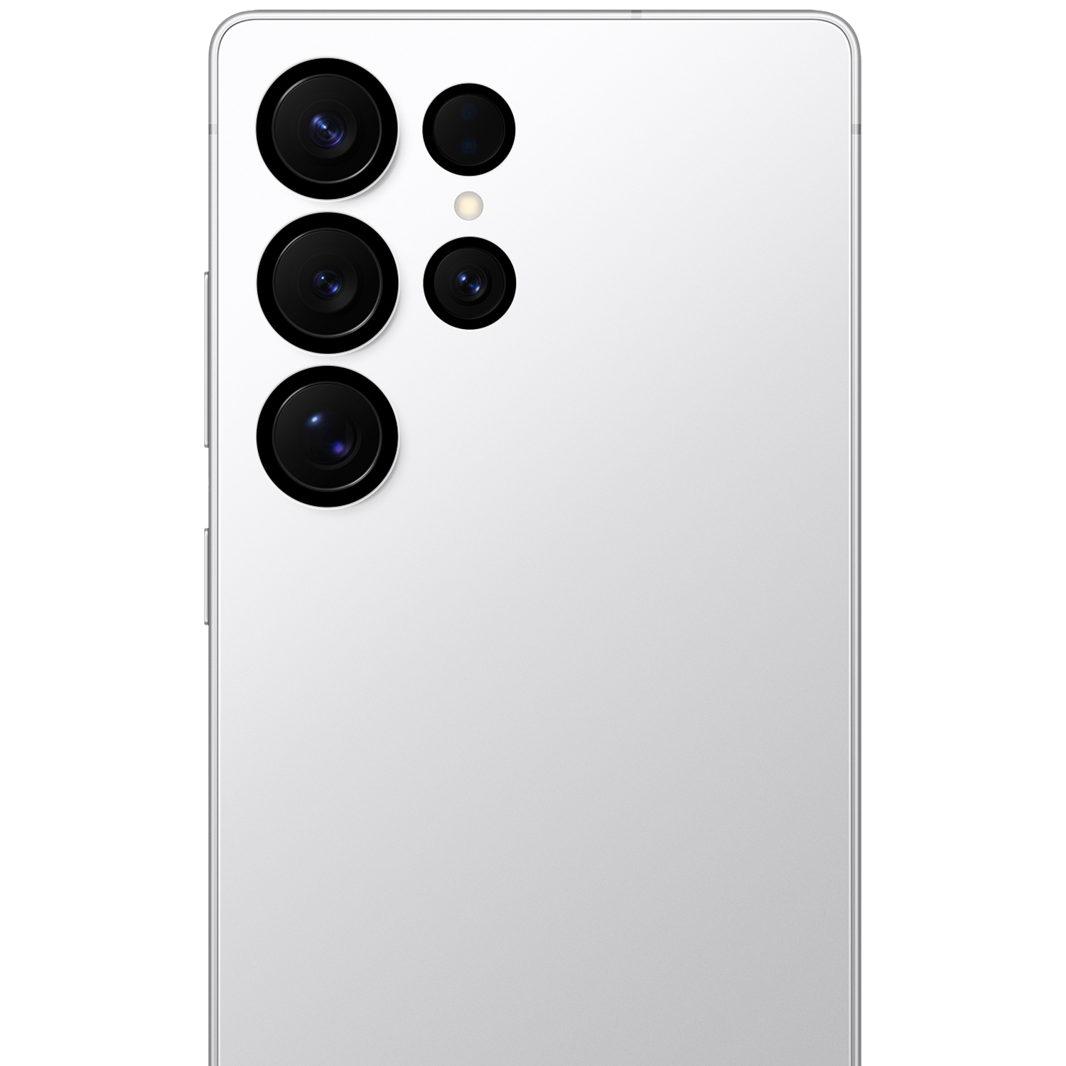 Back of a silver smartphone with four camera lenses and a flash.