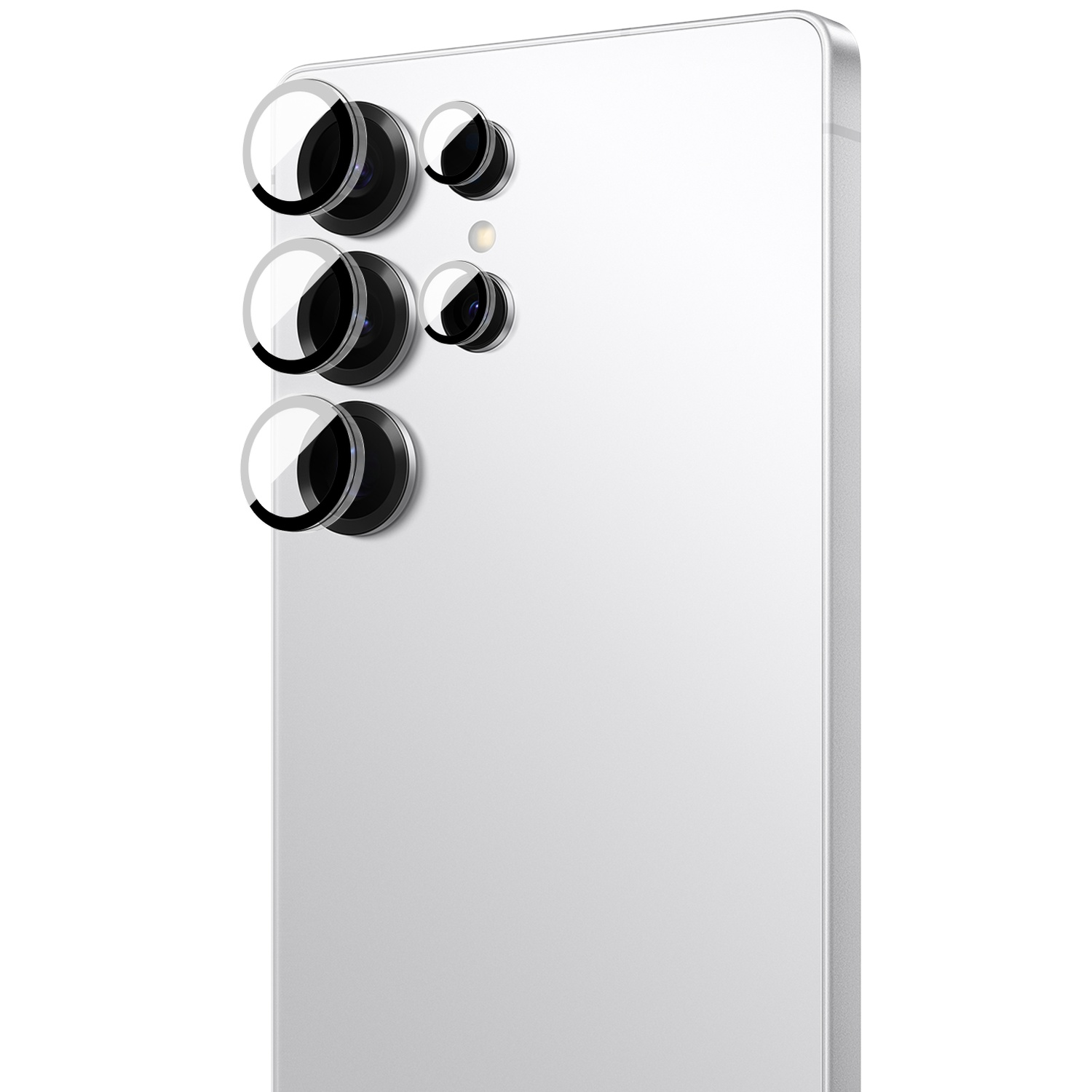 Silver smartphone with four rear lens protectors and flash.