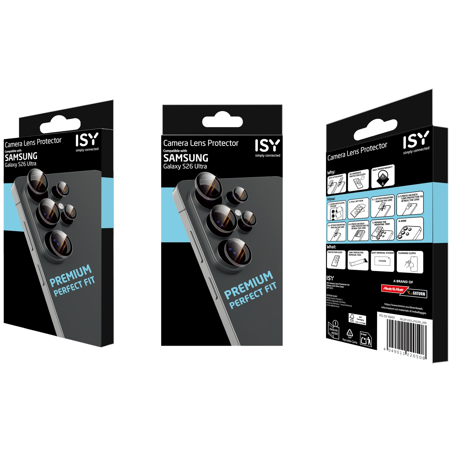 Packaging for ISY camera lens protector for Samsung Galaxy S26 Ultra.