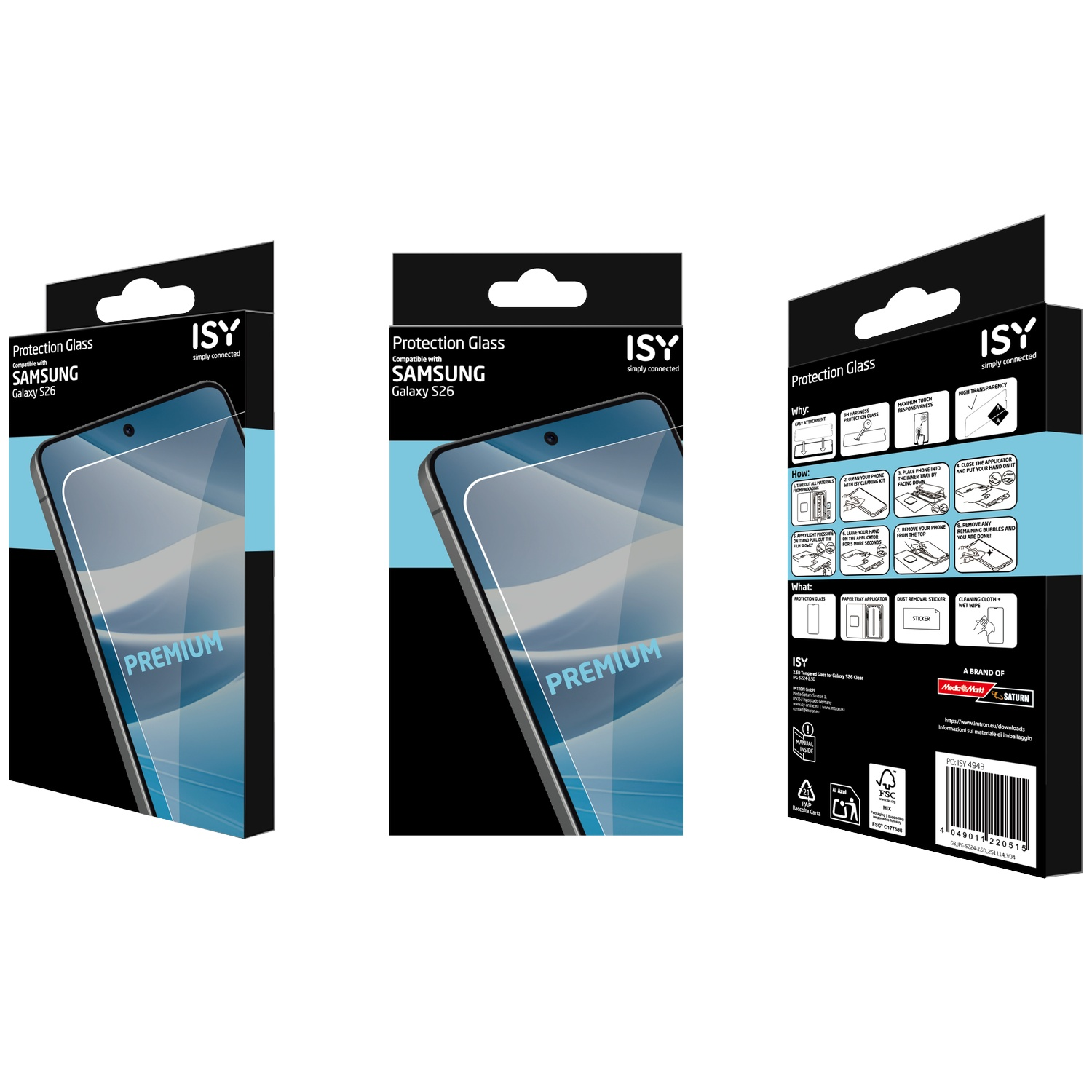 Emballage de protection d'écran ISY pour Samsung Galaxy S26, avec instructions.