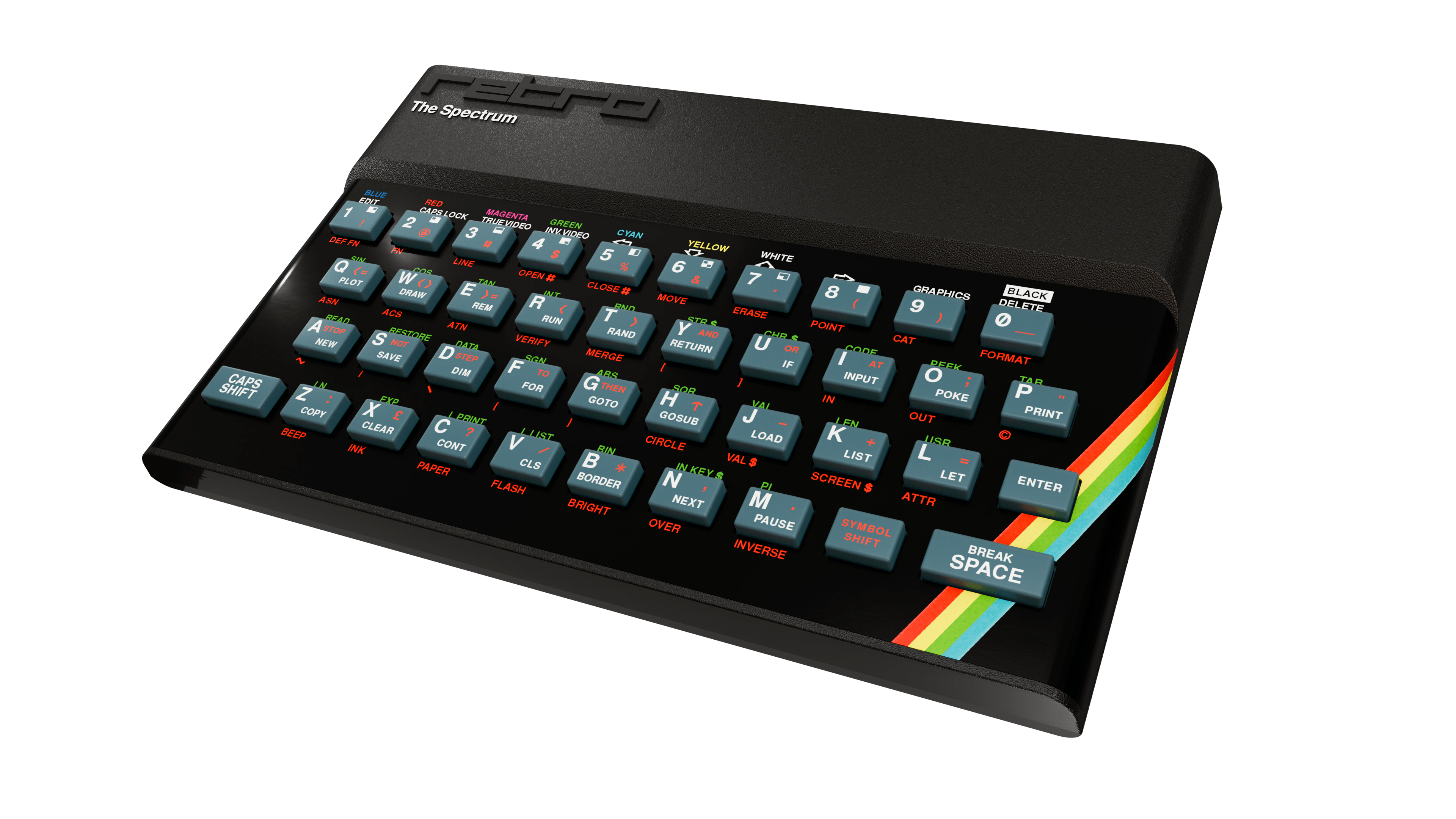 Ein schwarzer Sinclair ZX Spectrum Computer mit einer Tastatur und Regenbogenstreifen.