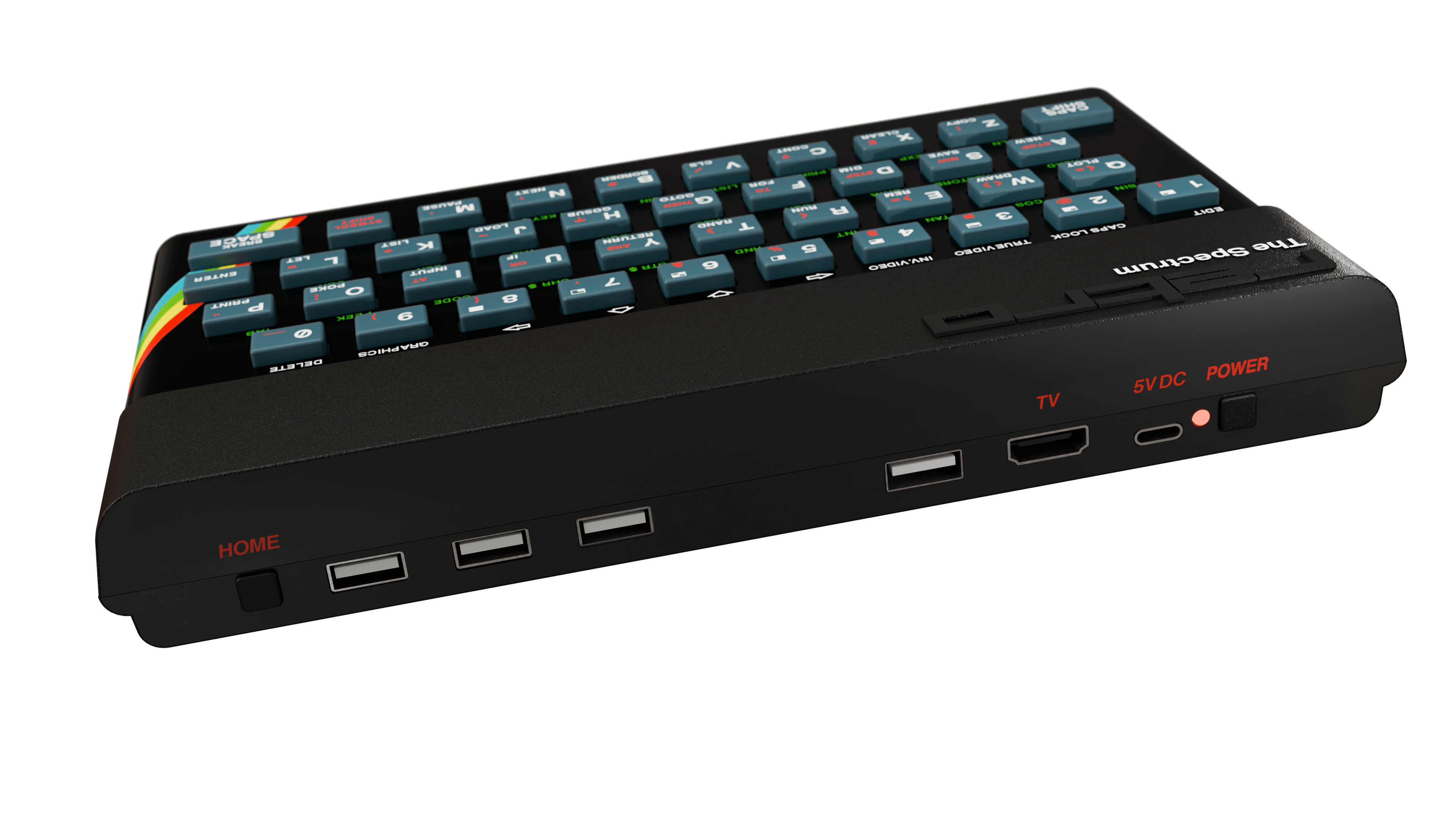 Schwarzer Sinclair ZX Spectrum Computer mit Tastatur und Anschlüssen.