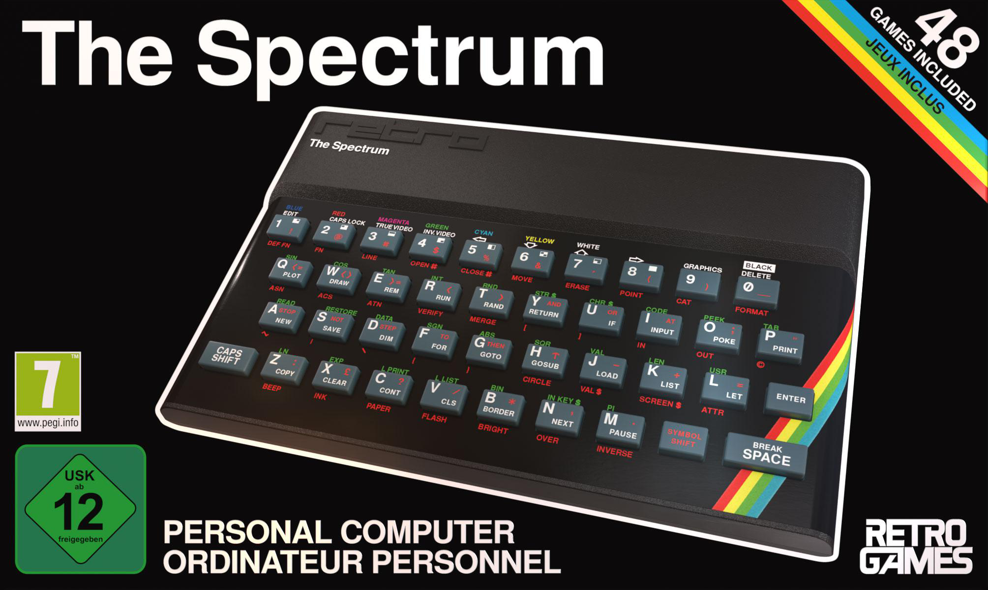 Ein Retro-Computer 'The Spectrum' mit Tastatur, Software-Alterseinstufung und 'Retro Games'-Logo.