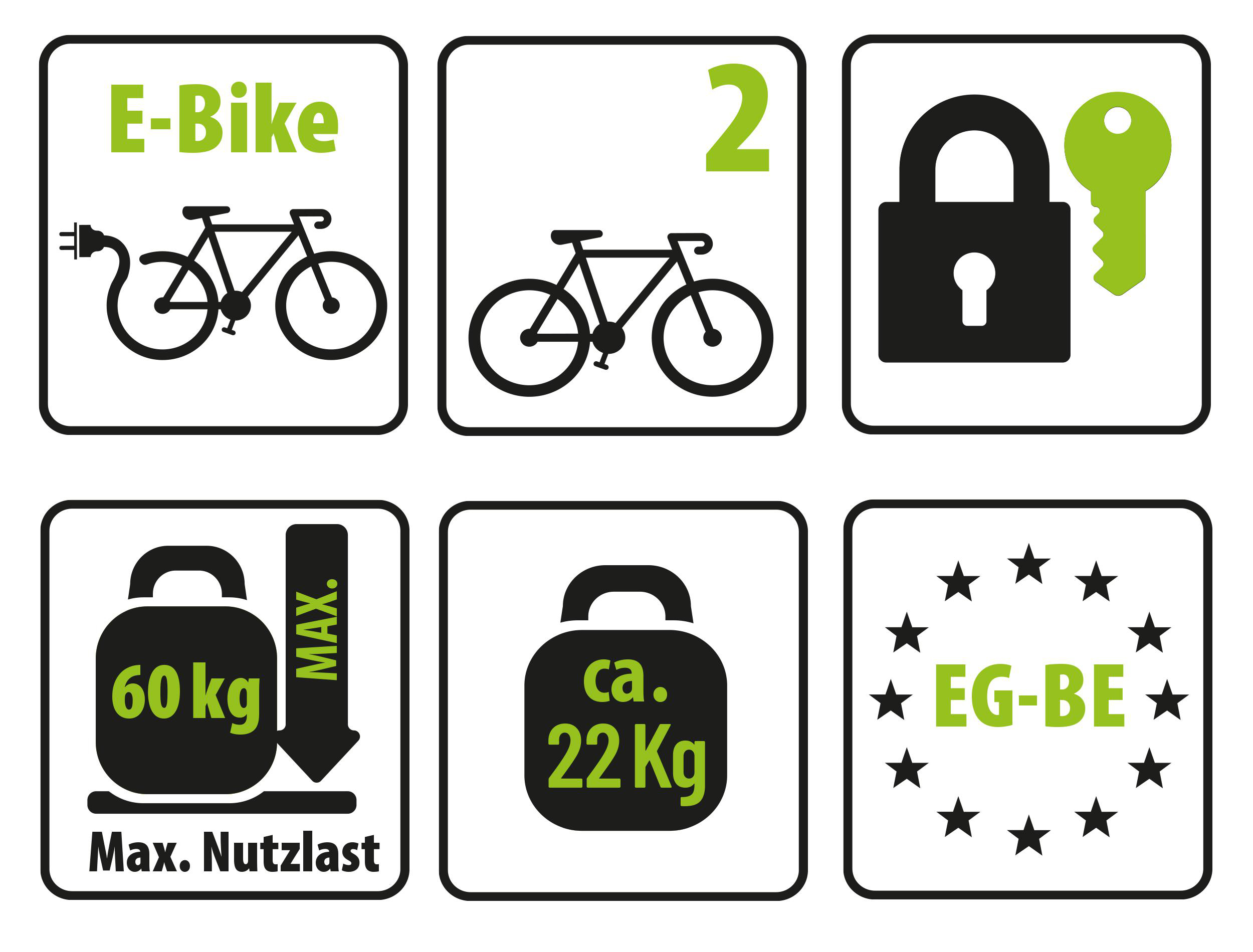 Symbole: E-Bike mit Stecker, Fahrrad mit Zahl 2, Schloss und Schlüssel, Gewicht 60kg, Gewicht 22kg, EG-BE.