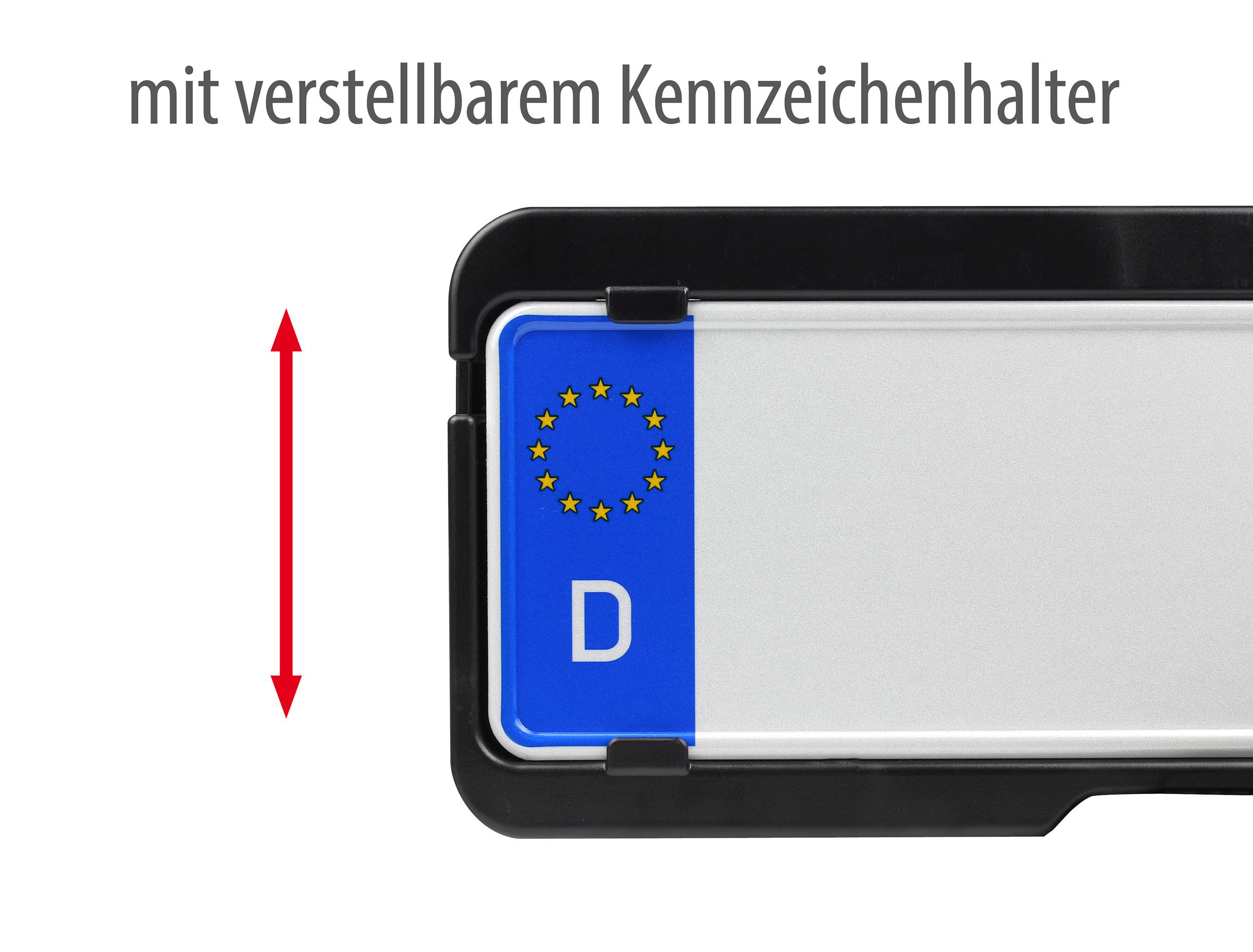 Verstellbarer Kennzeichenhalter mit deutschem EU-Kennzeichen.