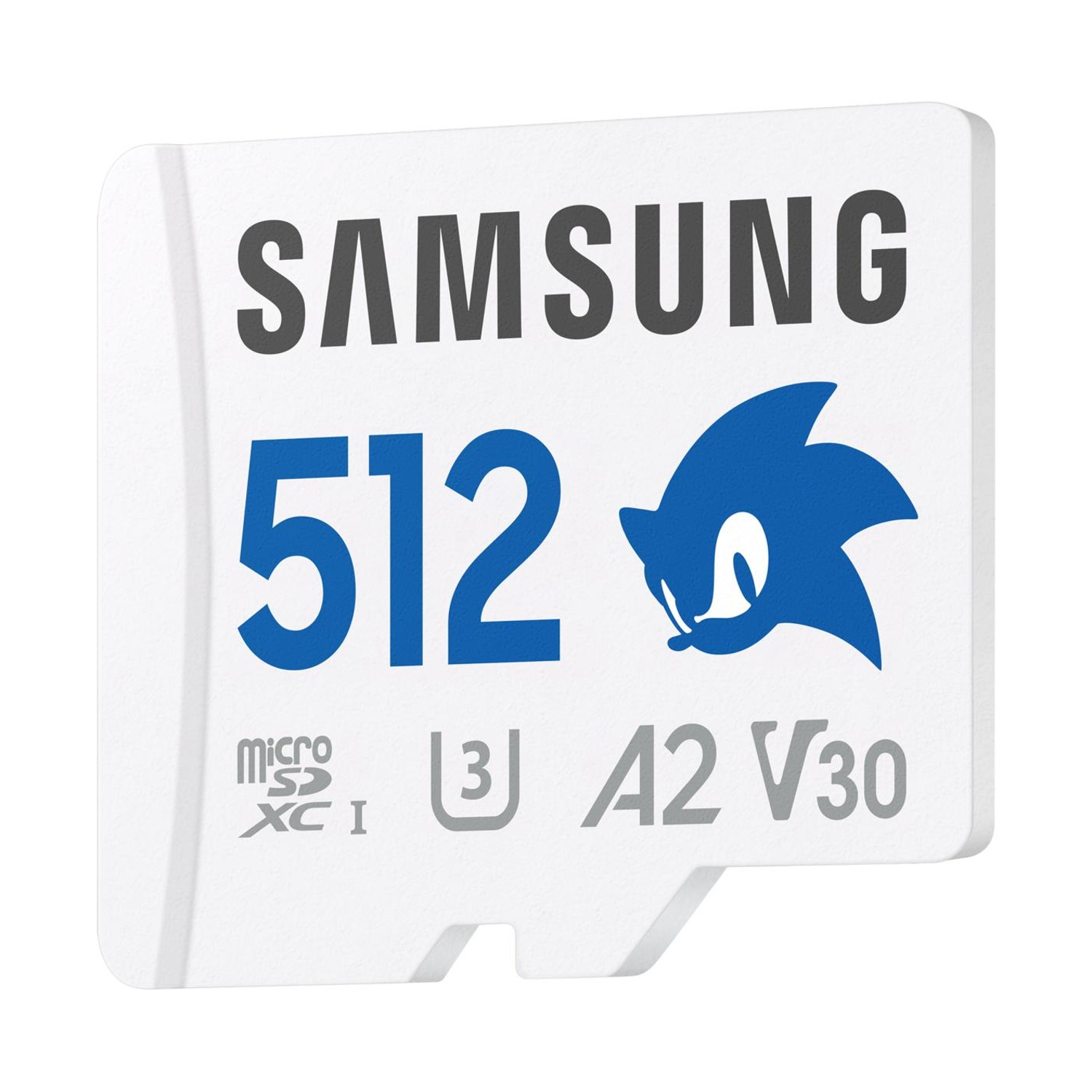 Scheda di memoria bianca con 'SAMSUNG', '512' e logo Sonic.