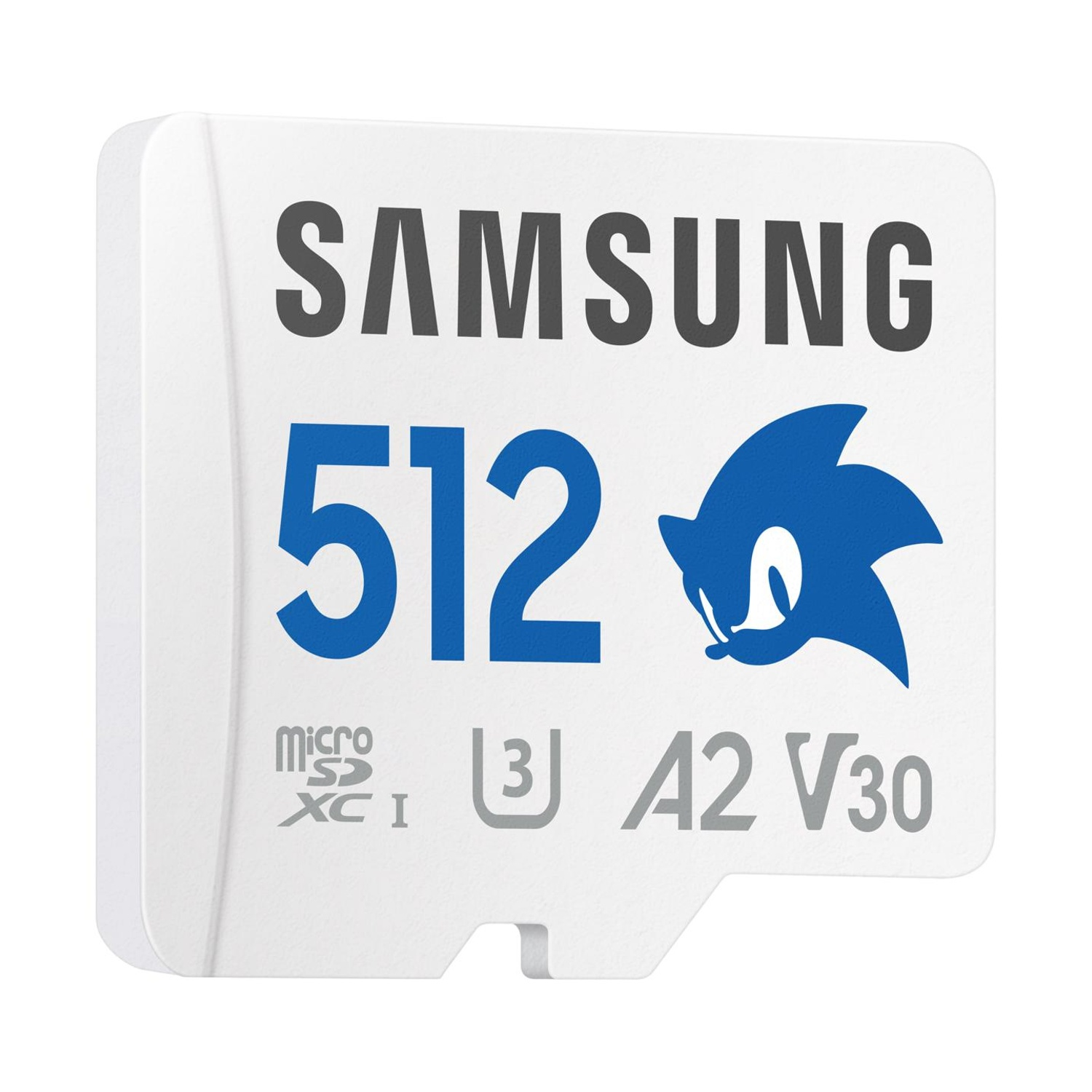 Scheda microSD Samsung bianca, 512 GB, con logo Sonic e specifiche tecniche.