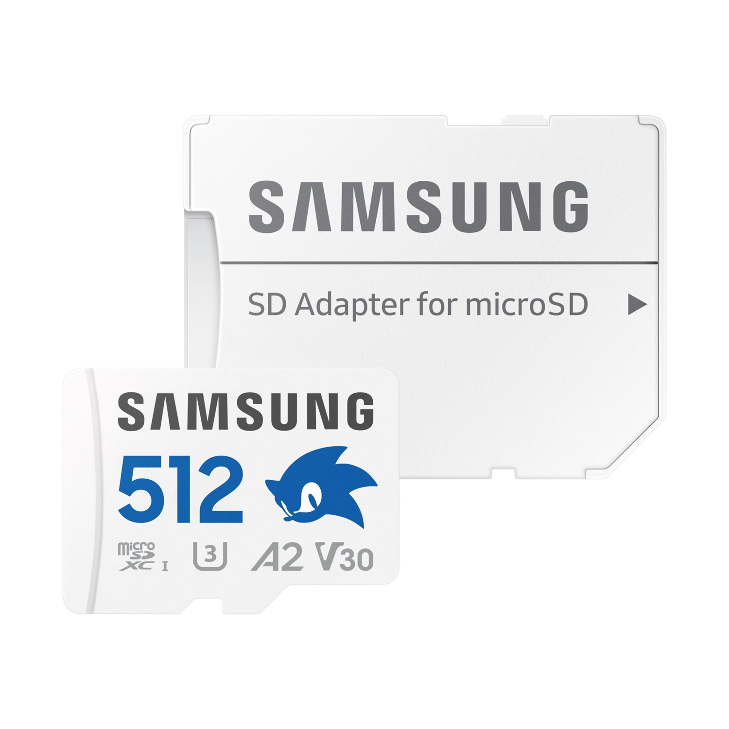 Scheda microSDXC Samsung da 512GB con design Sonic e adattatore SD.
