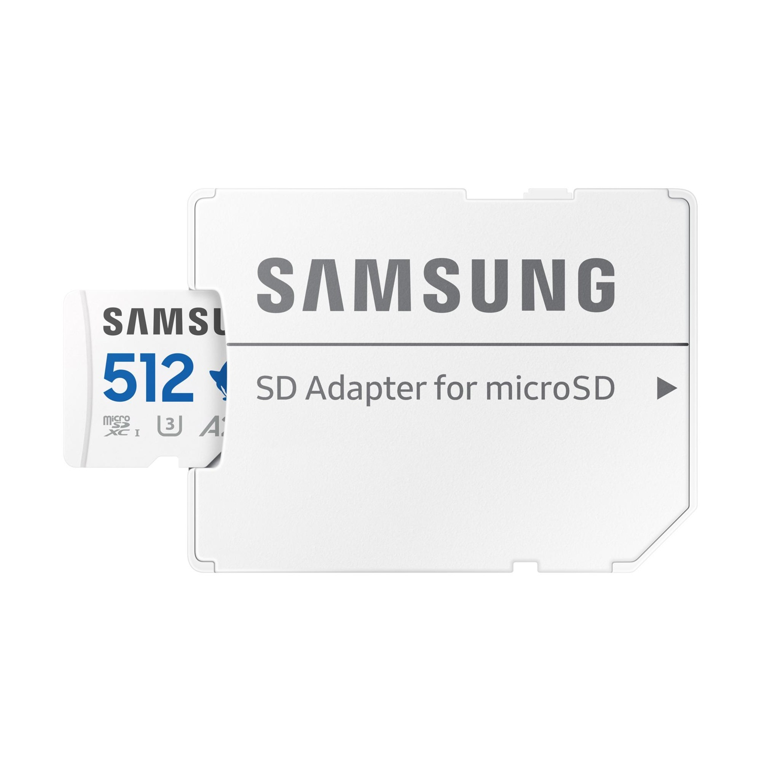Scheda microSD Samsung da 512 GB con adattatore. Bianco con testo grigio.