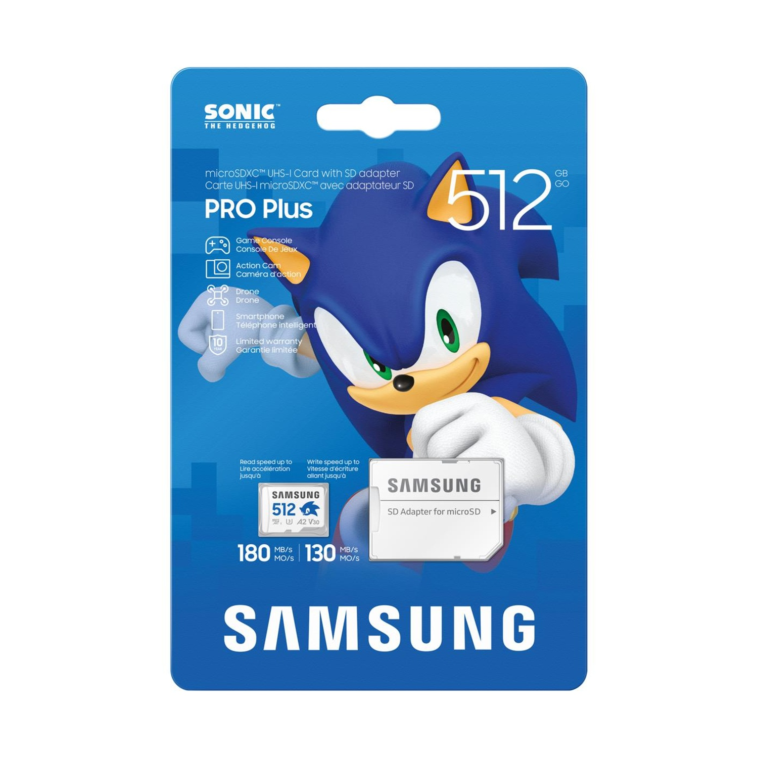Scheda microSDXC Samsung da 512 GB con Sonic il riccio e adattatore SD.