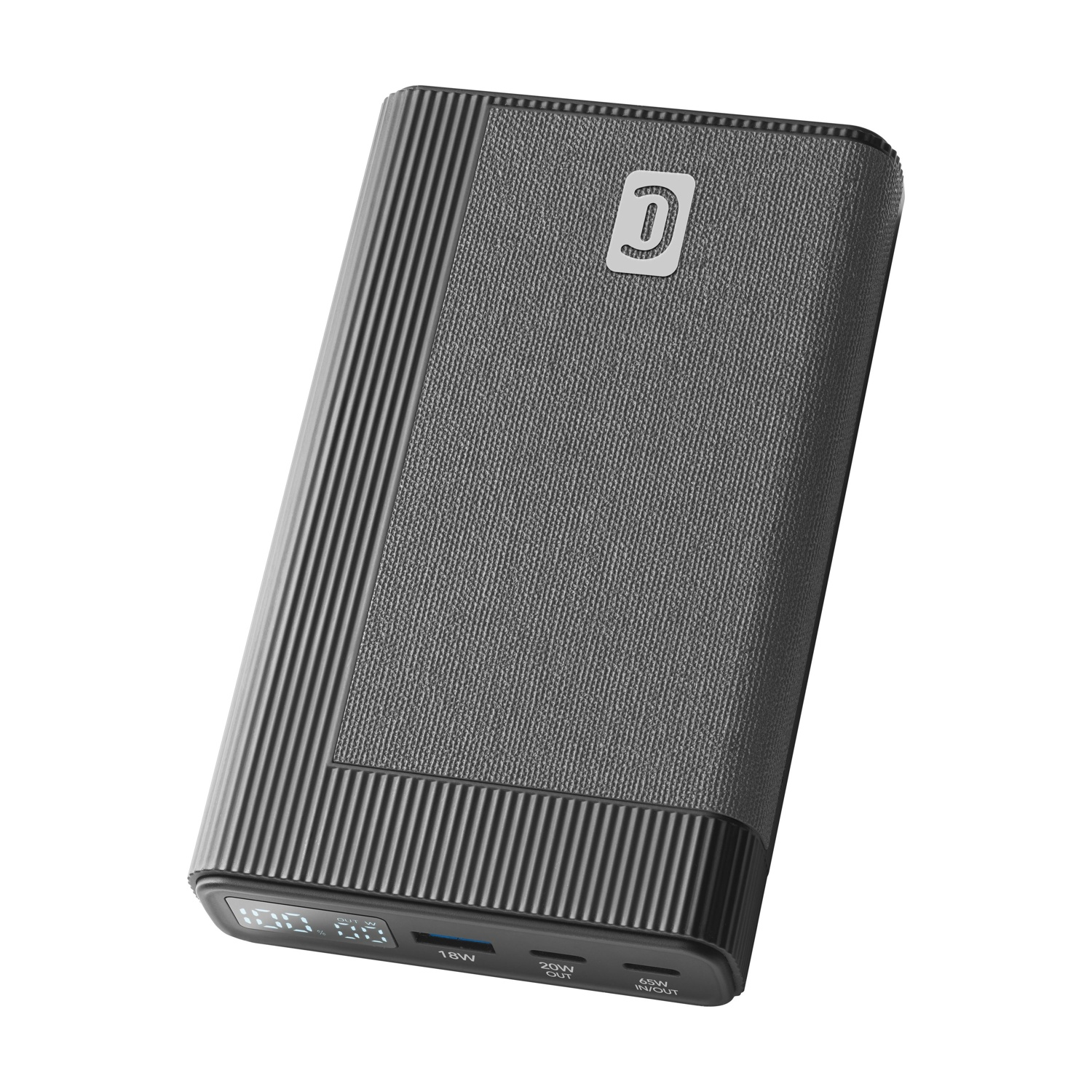 Power bank grigio con lati scanalati e superficie in tessuto.