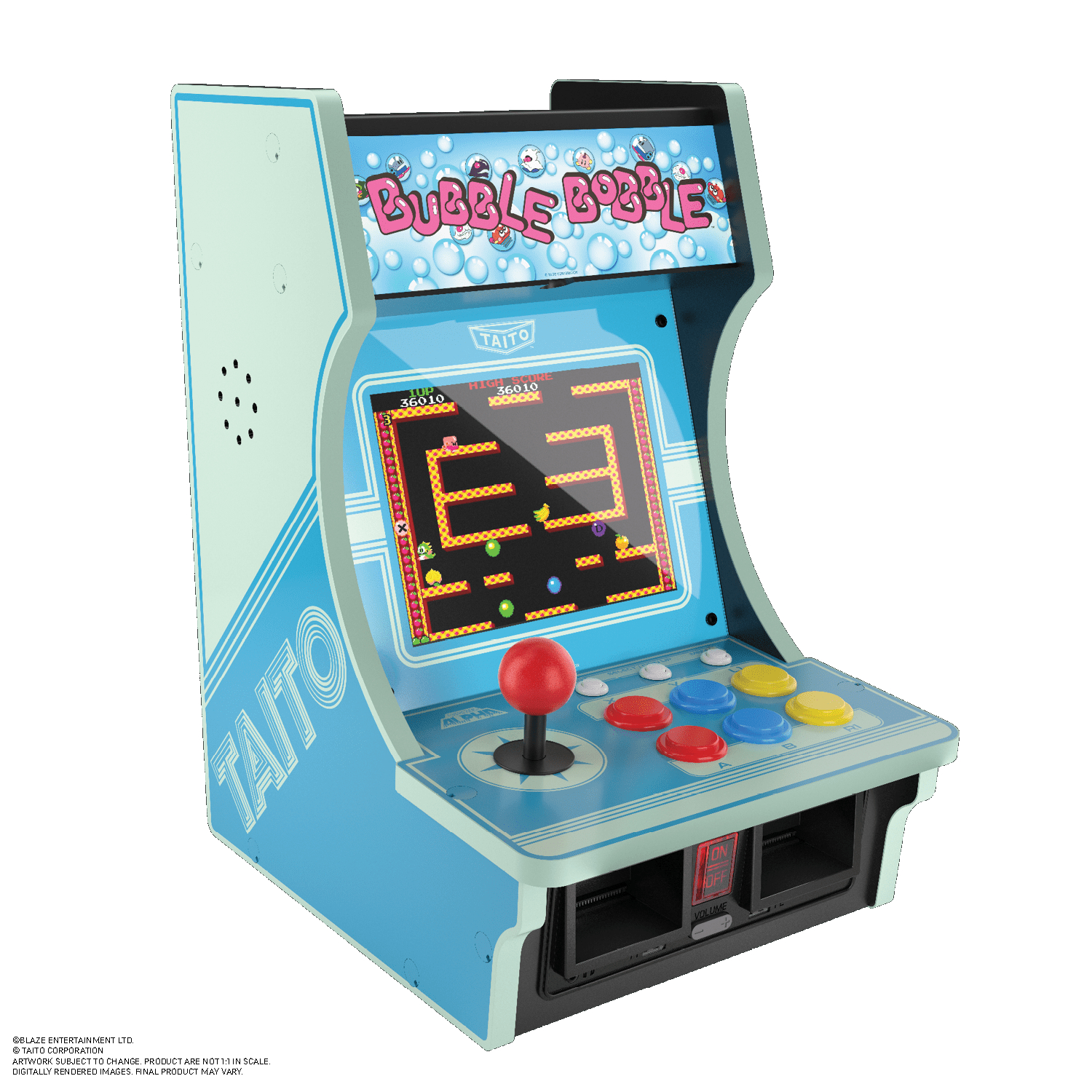 Ein hellblaues Bubble Bobble Arcade-Gehäuse mit Joystick und bunten Knöpfen.