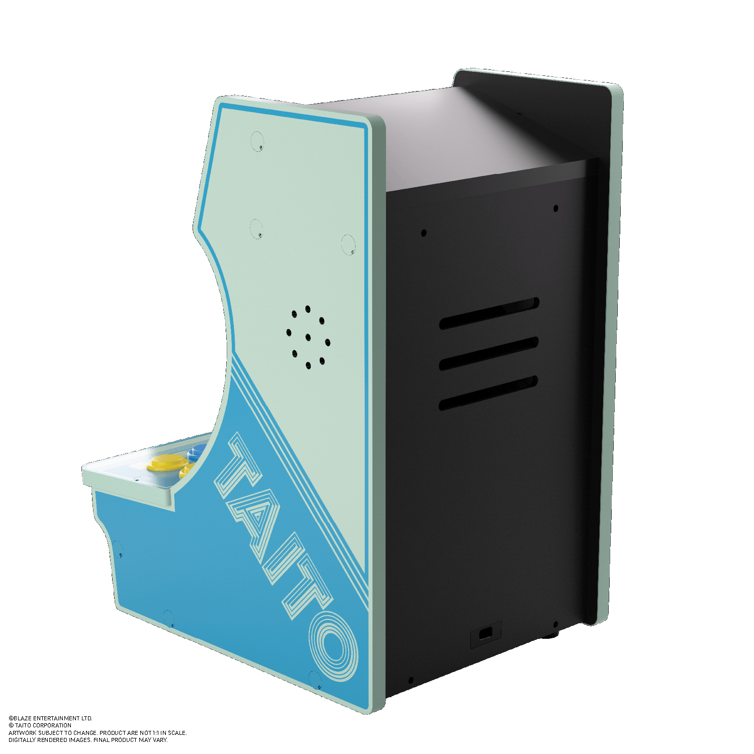 Ein hellgrünes und blaues Arcade-Gehäuse mit dem Schriftzug TAITO auf der Seite.