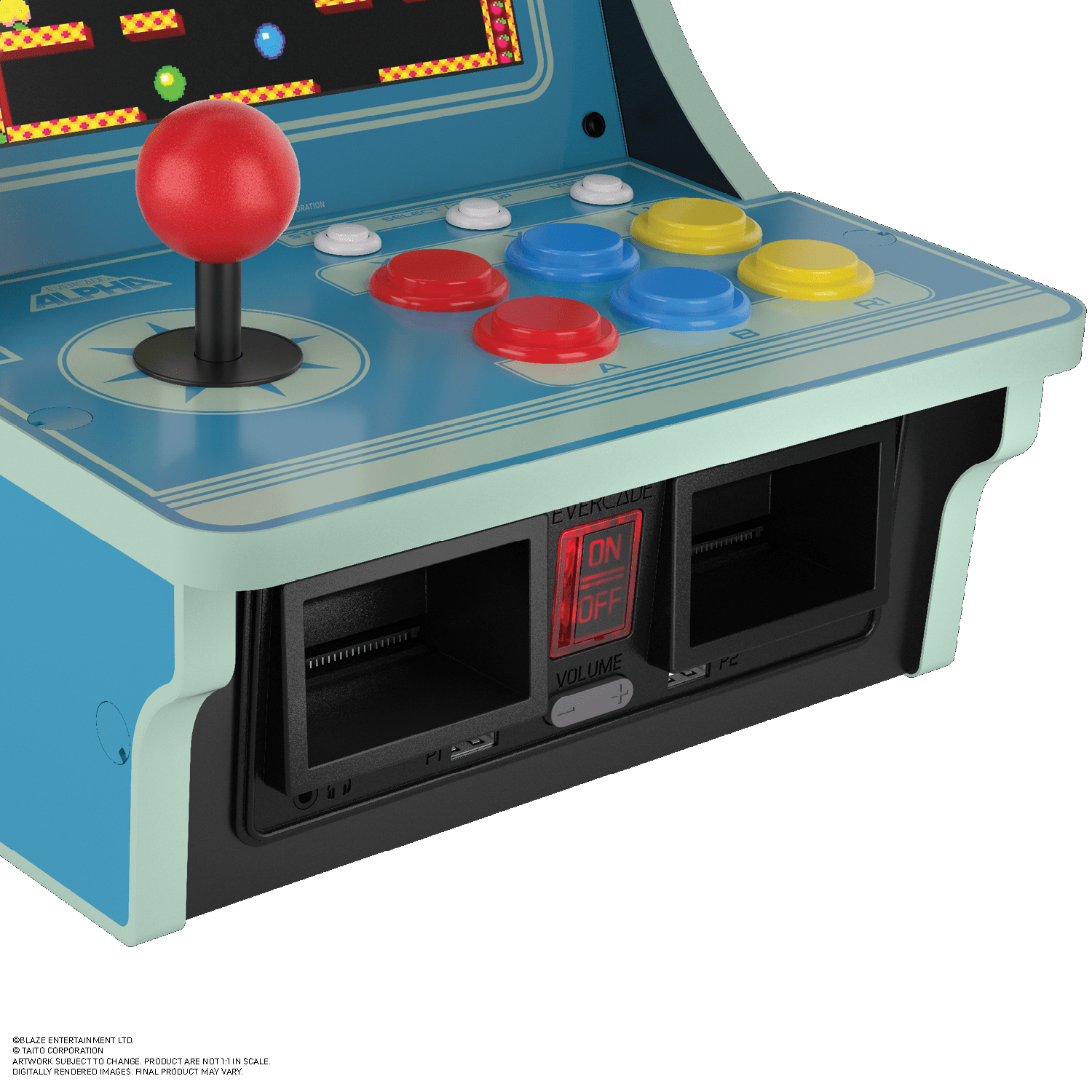 Ein hellblaues Retro-Arcade-Gehäuse mit rotem Joystick und bunten Knöpfen.