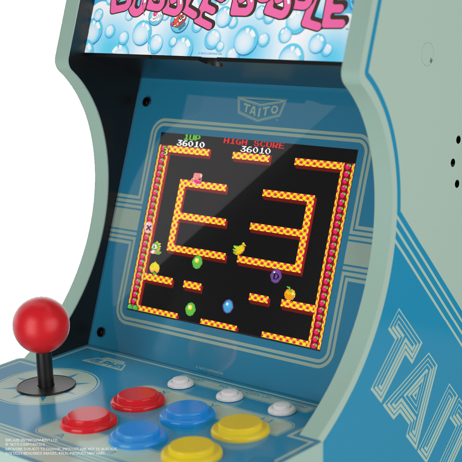 Eine Nahaufnahme einer Bubble Bobble Arcade-Maschine mit Joystick und Knöpfen.
