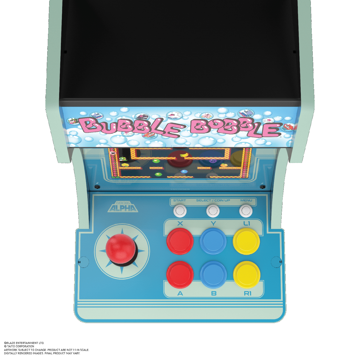 Ein hellgrüner Arcade-Automat mit den Titeln "Bubble Bobble" und einem Joystick.