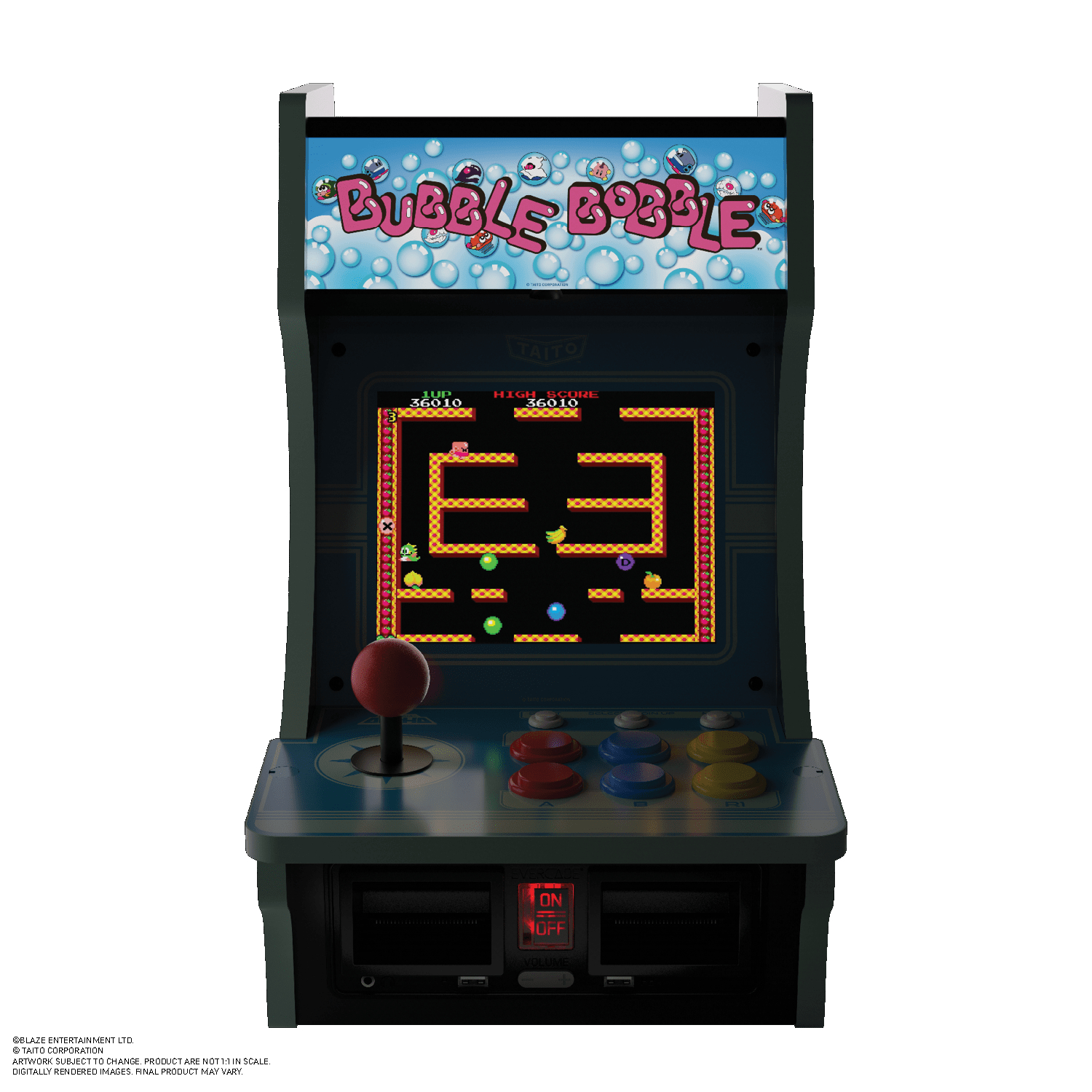 Arcade-Automat mit "Bubble Bobble"-Grafik, rotem Joystick und bunten Knöpfen.