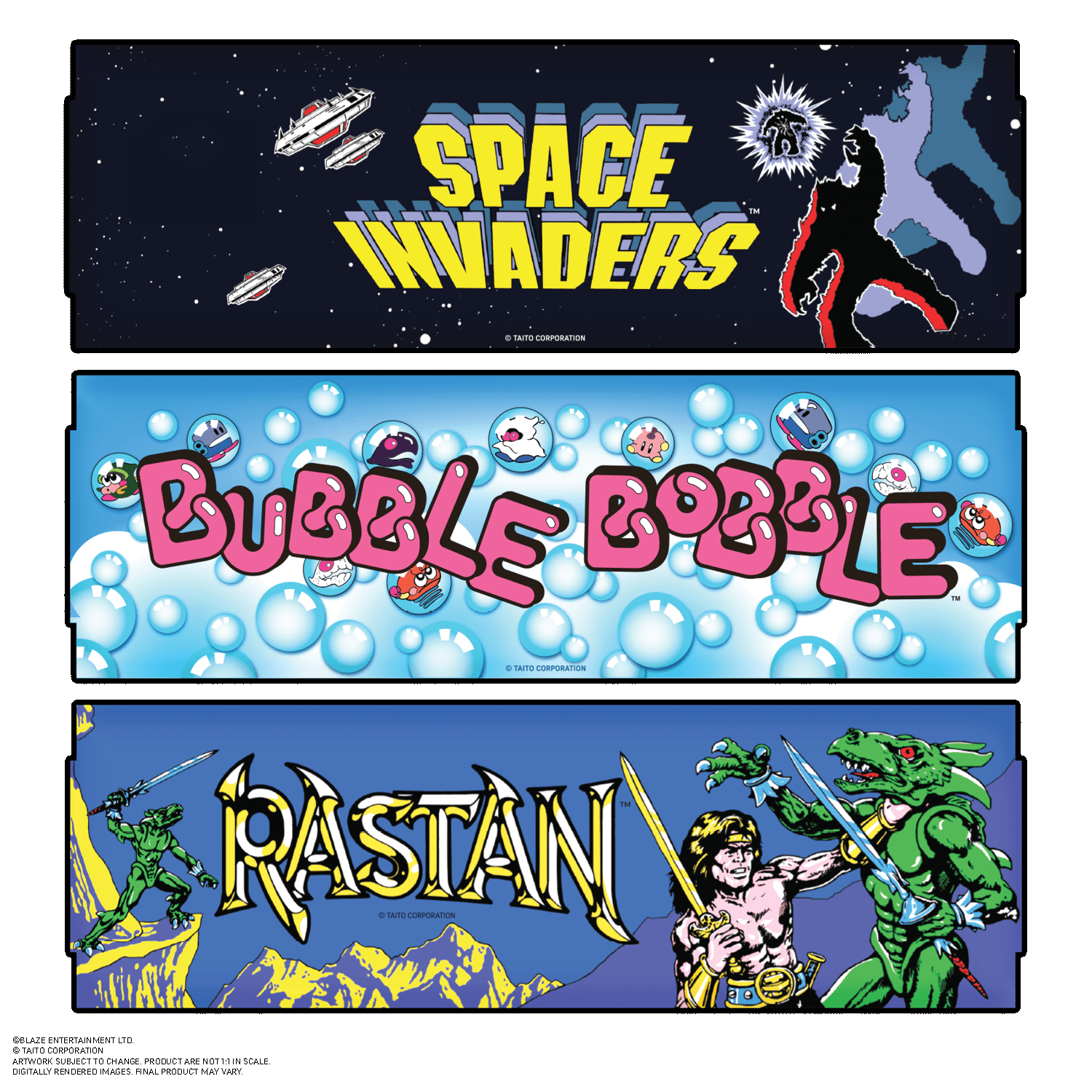 Space Invaders, Bubble Bobble und Rastan Spielkunst auf dunklem Hintergrund.