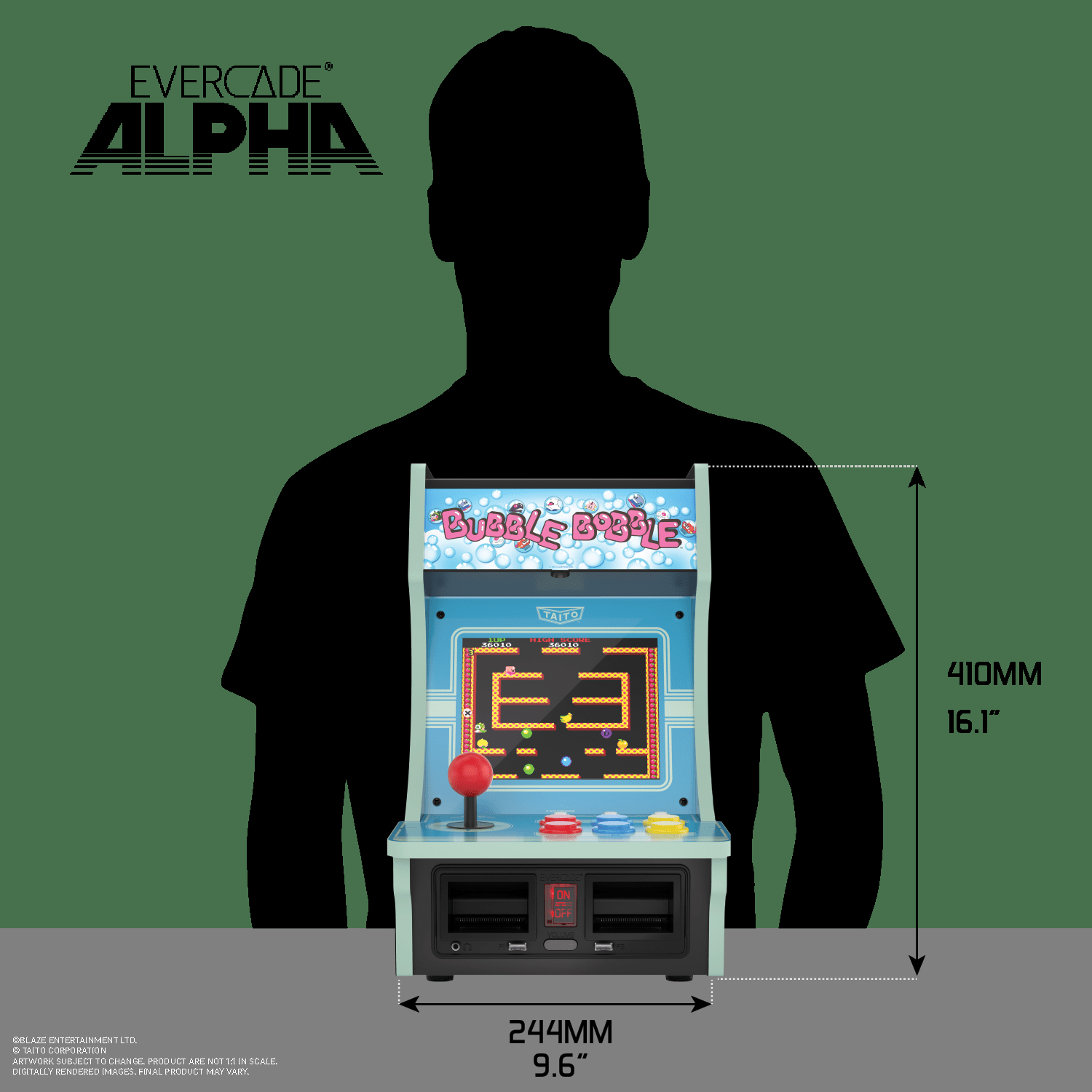 Ein Evercade Alpha Arcade-Spielgerät mit dem Spiel Bubble Bobble.