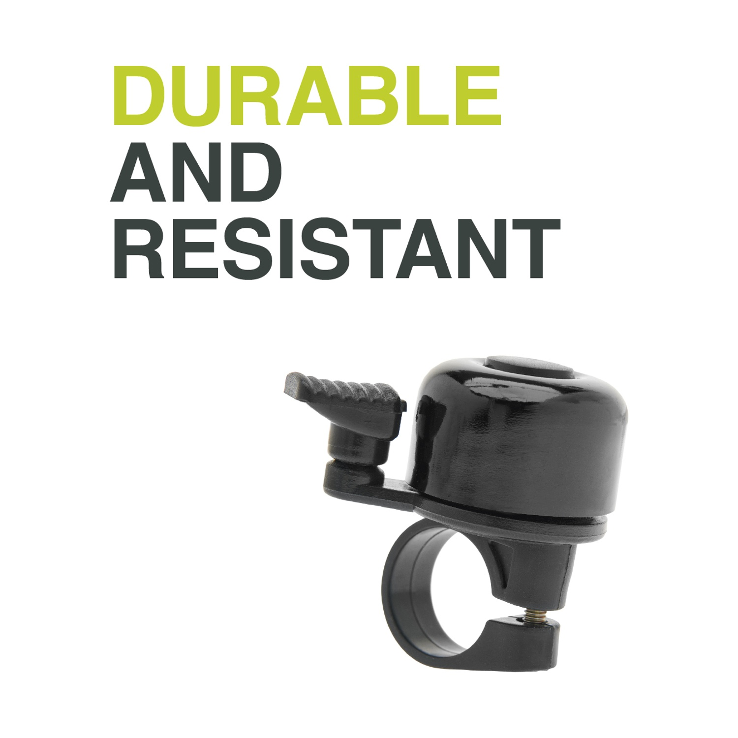 Un campanello per bicicletta nero con testo 'DURABLE AND RESISTANT'.