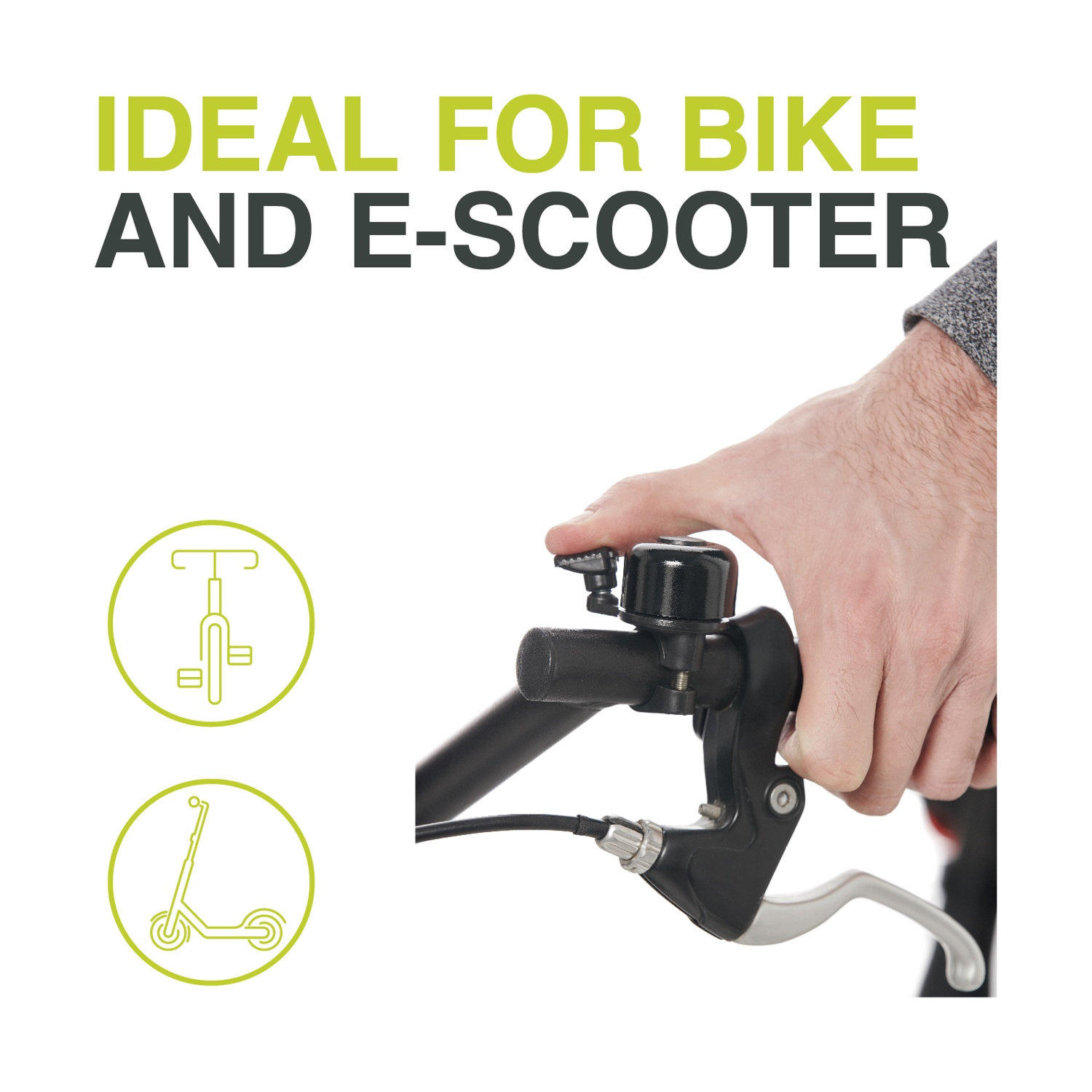 Mano che preme campanello e leva freno su manubrio bici.