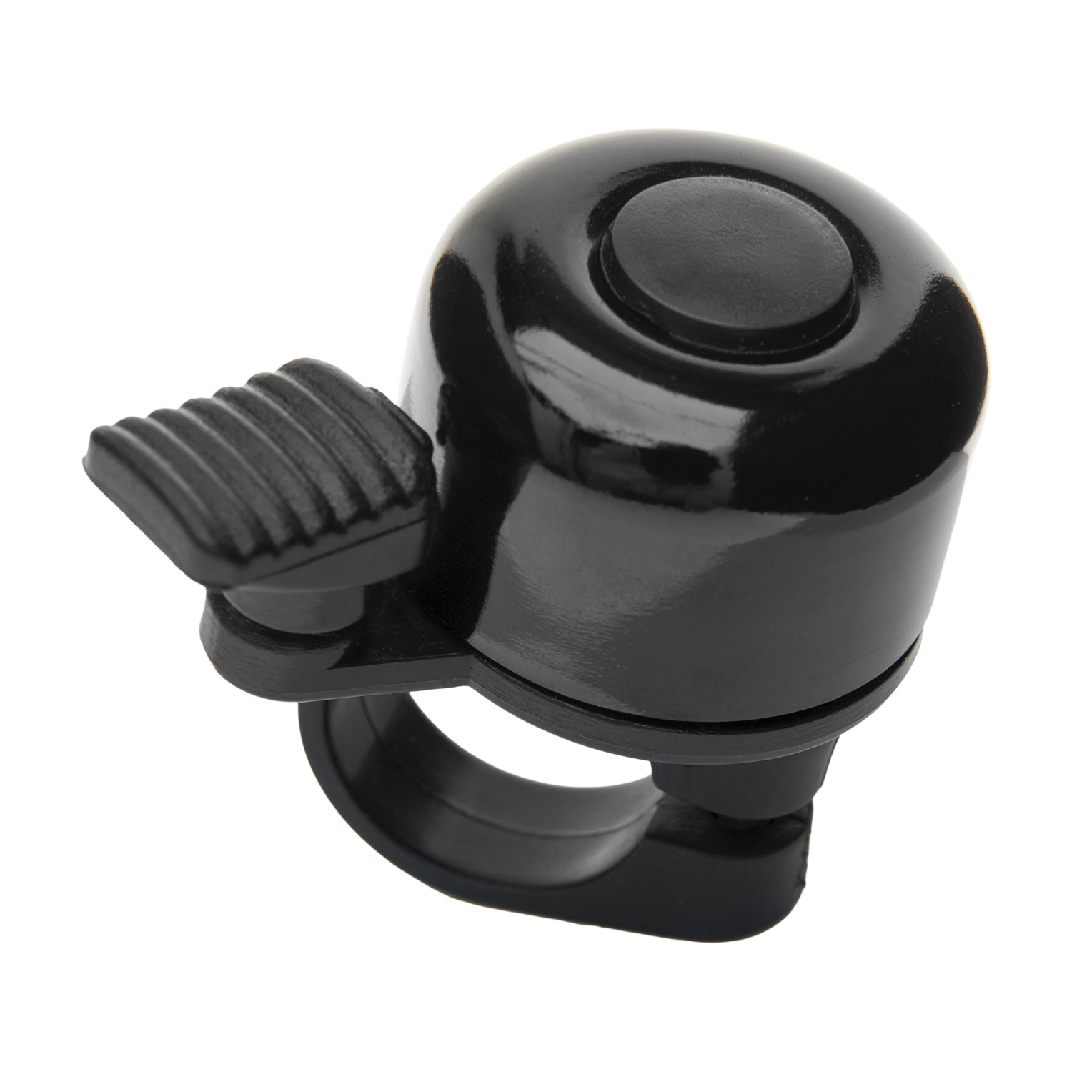 Campanello da bicicletta nero con cinturino e pulsante su sfondo bianco.