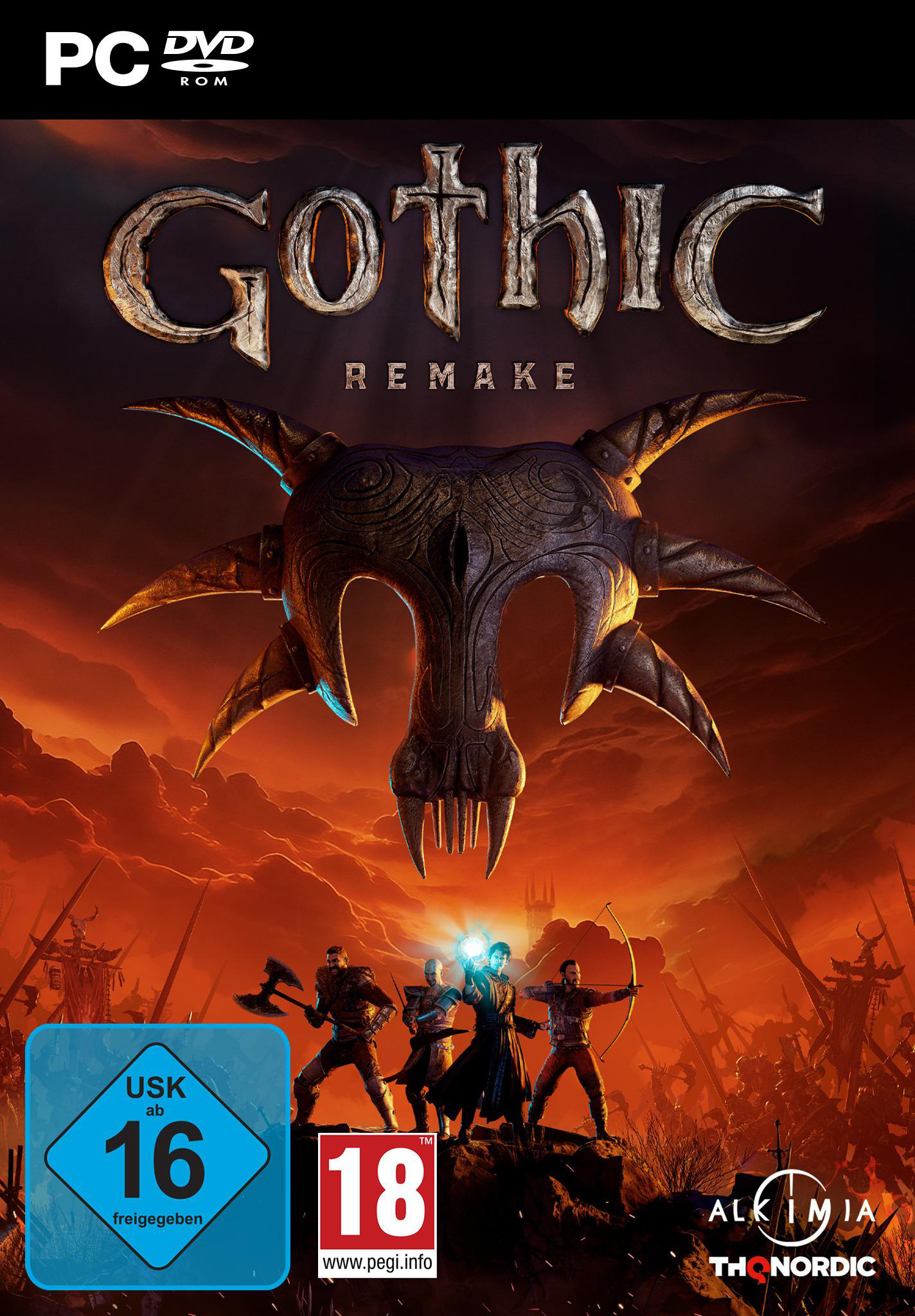 Gothic Remake Cover: Helden kämpfen vor einem furchterregenden Totenkopf-Helm.