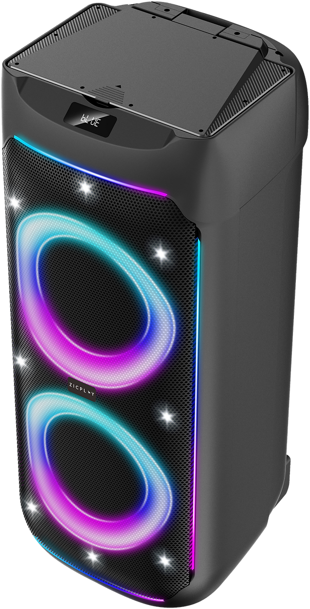 Altoparlante nero con due anelli luminosi blu e viola.