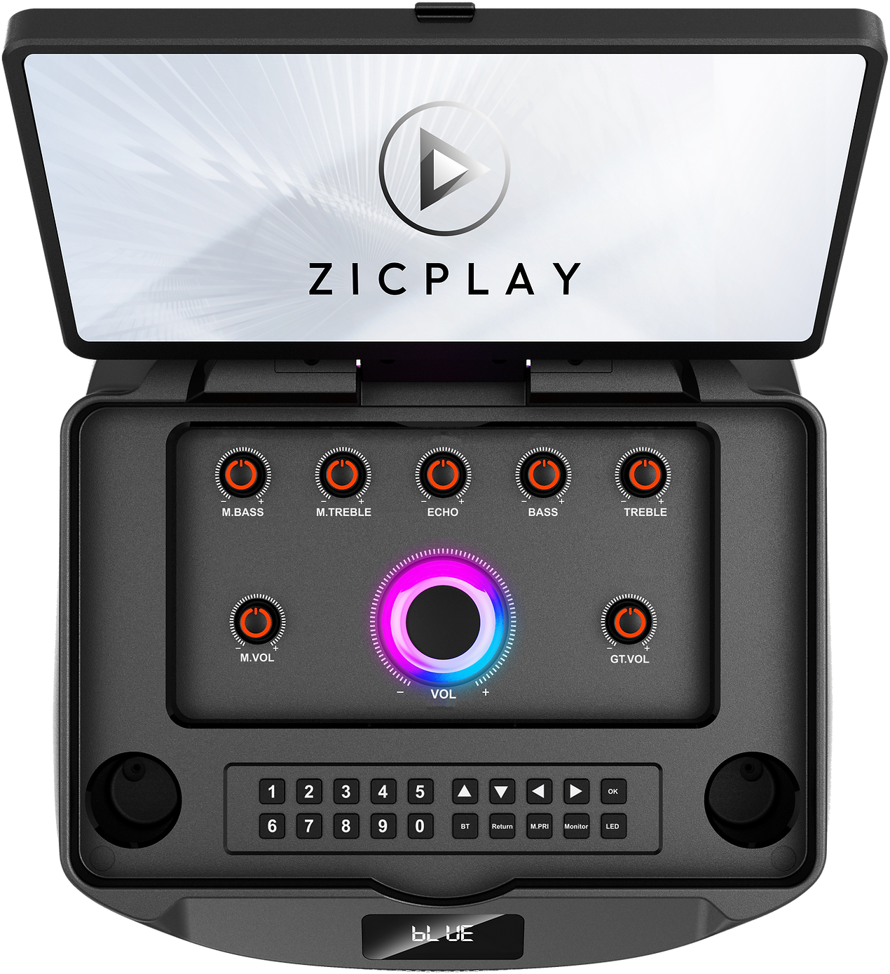 Un dispositivo audio nero con schermo, manopole e pulsanti.