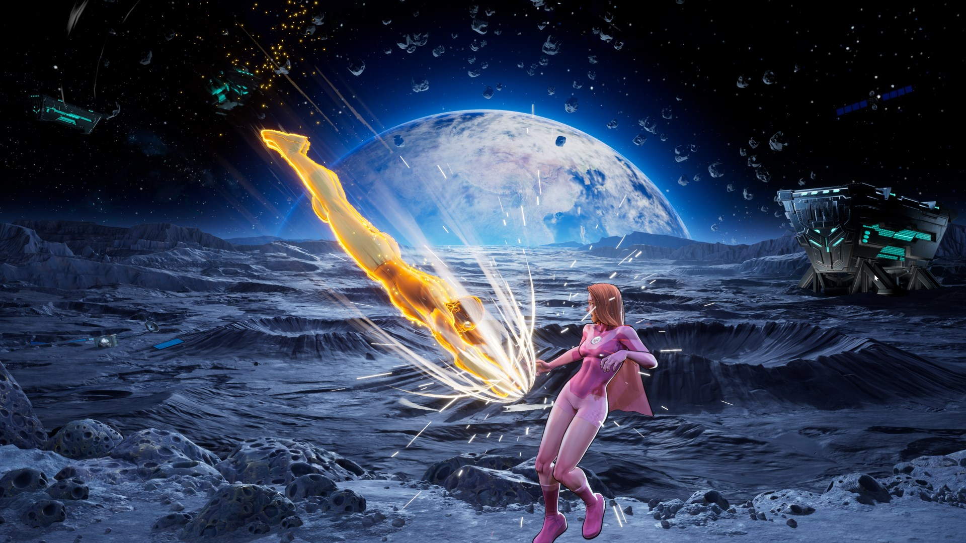 Un eroe dorato vola su una superficie lunare rocciosa mentre una donna in rosa guarda.