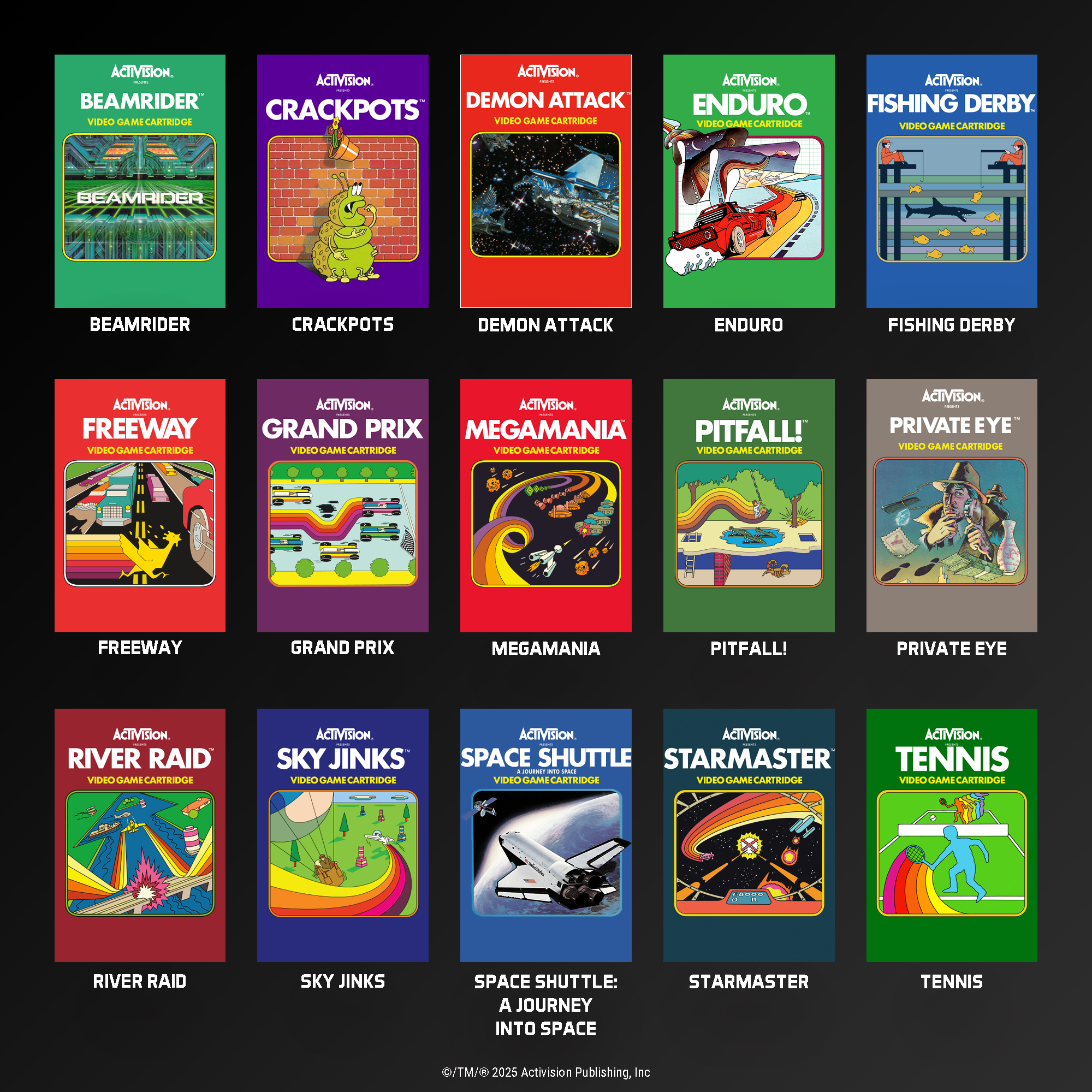 Activision-Videospiele-Cover: Beamrider, Crackpots, Demon Attack, Enduro, Fishing Derby.