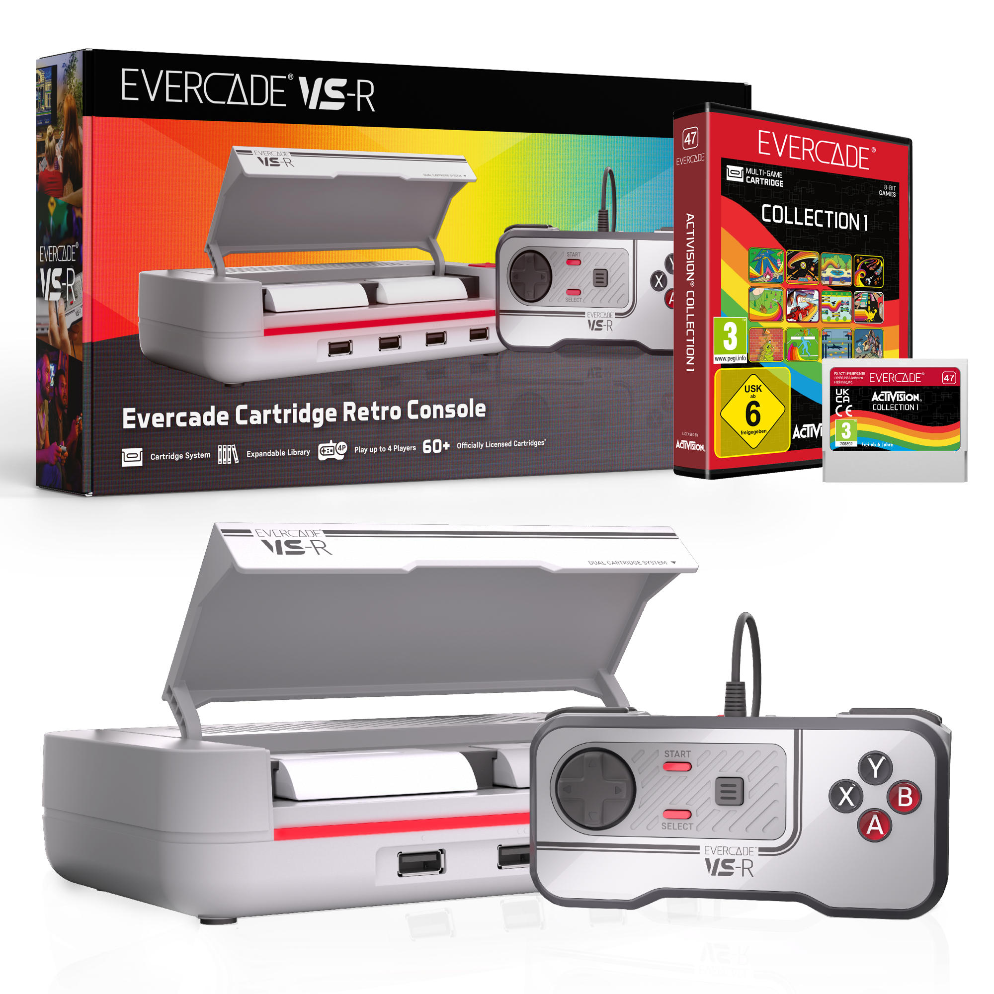 Evercade VS-R Retro-Konsole mit Controller und Activision Collection 1 Cartridge.